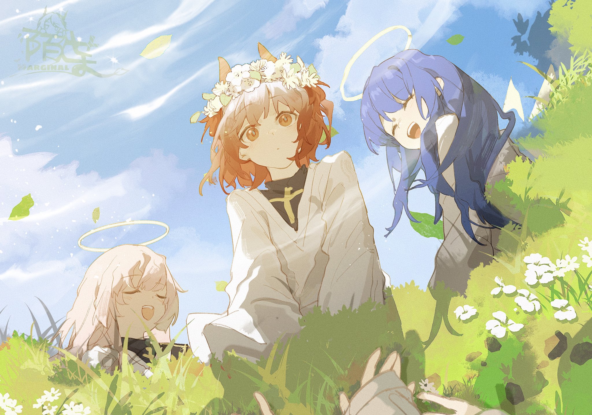 Anime 2048x1436 Arknights Fiammetta (Arknights) clear sky flowers halo anime girls flower in hair sky clouds grass looking at viewer closed eyes