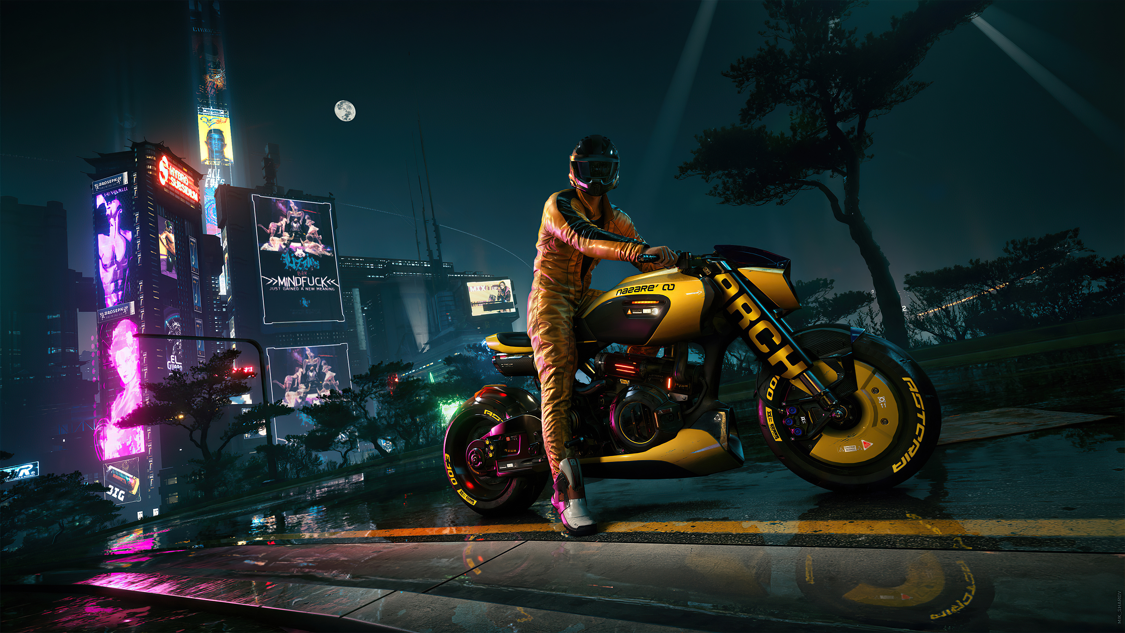 General 3840x2160 biker Cyberpunk 2077 video games motorcycle city night Moon helmet reflection looking at viewer city lights CD Projekt RED