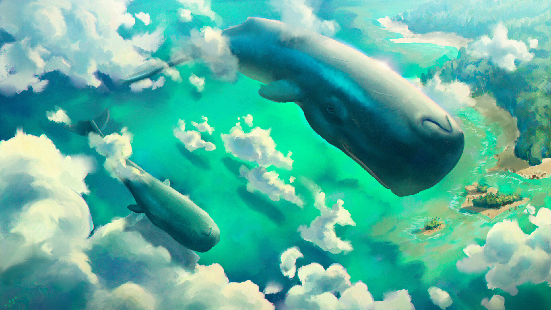 General 1920x1080 Victor Sales digital art fantasy art ArtStation whale sky clouds island animals water high angle