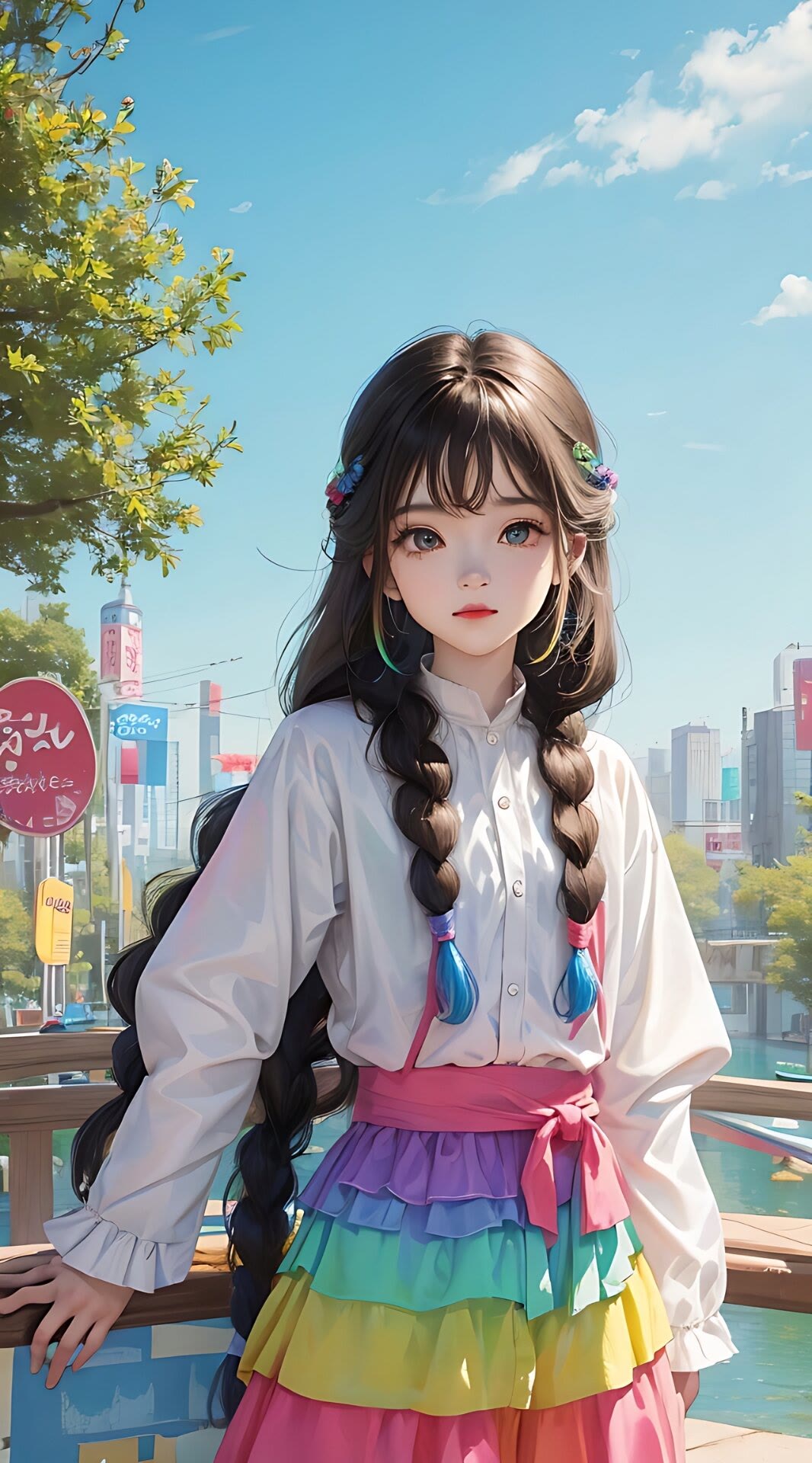 Anime 1066x1920 AI art Asian women colorful portrait display braids twintails looking at viewer sky clouds city