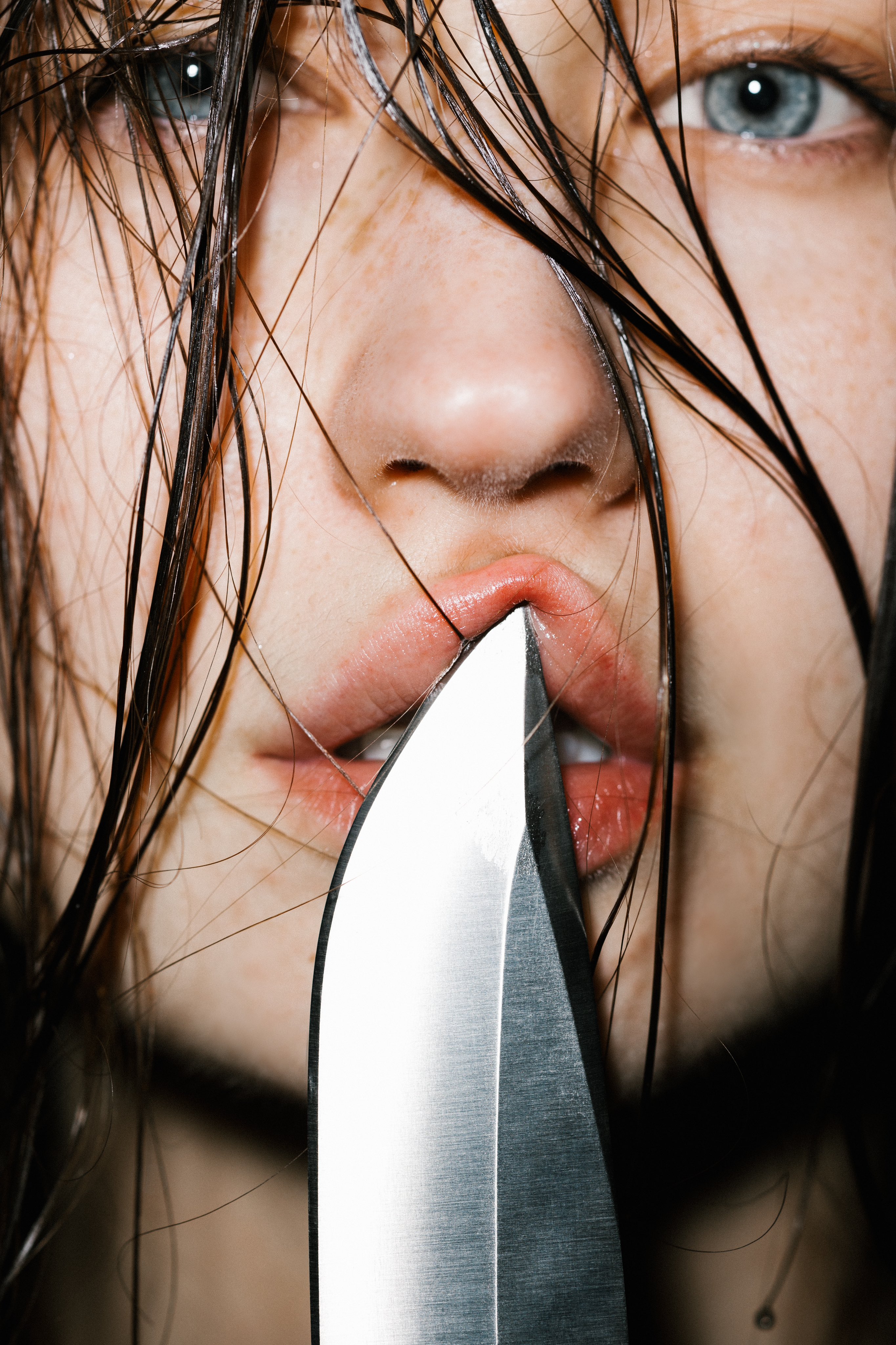 People 2730x4096 lips wet hair knife closeup face women