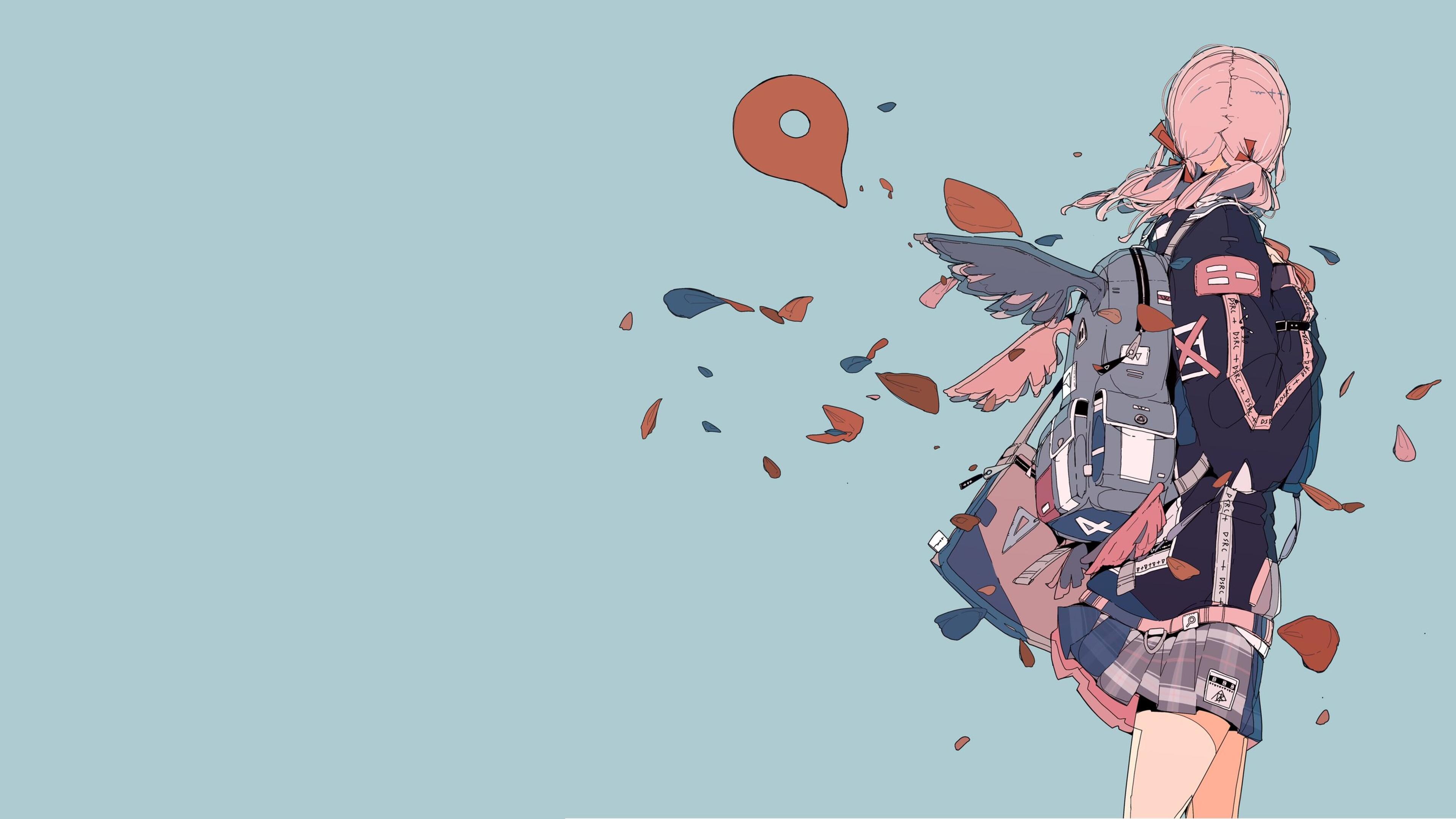 Anime 3840x2160 daisukerichard anime girls original characters minimalism backpacks wings petals simple background