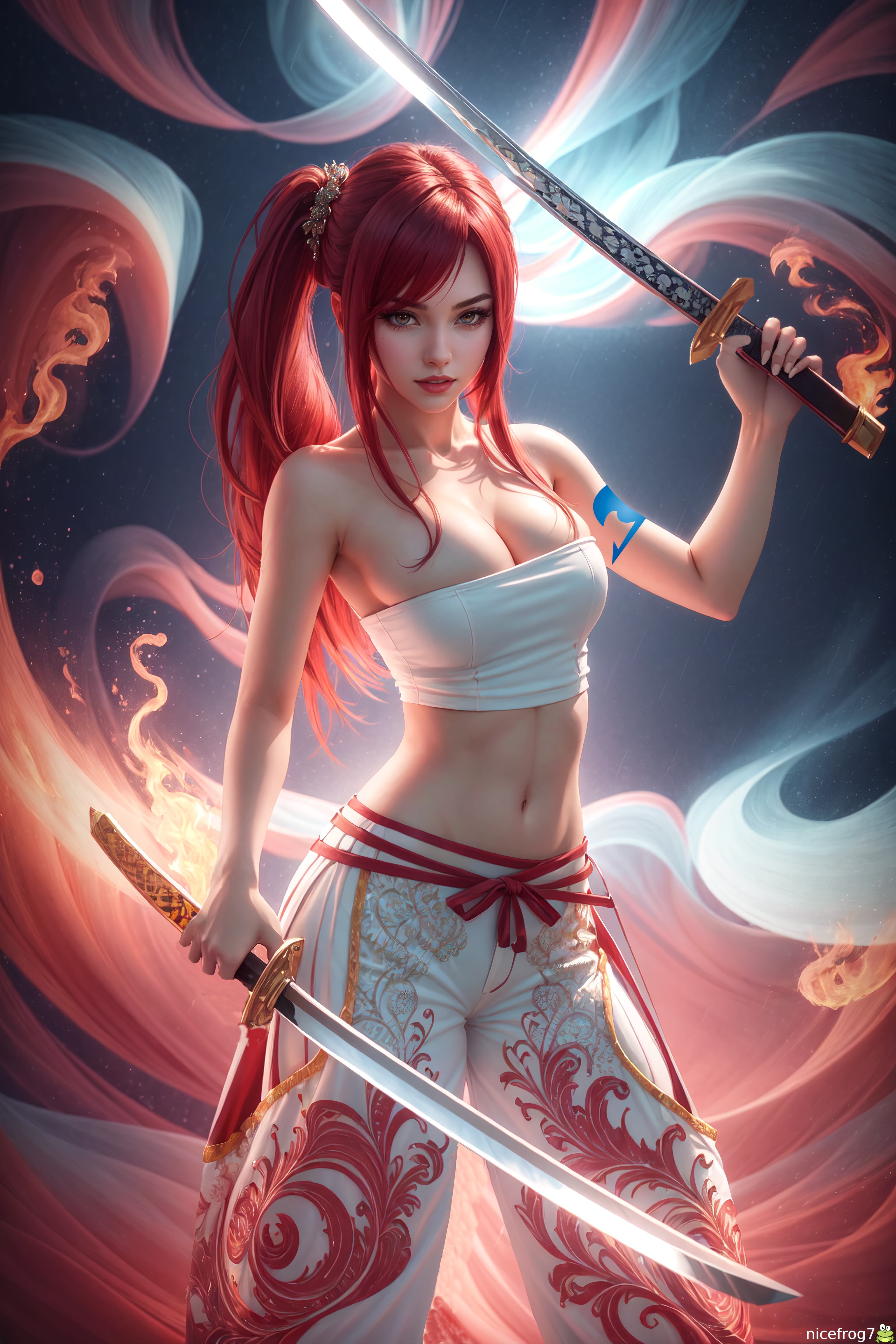 Anime 3072x4608 Stable Diffusion Scarlet Erza redhead katana fire women crop top cleavage portrait display sword weapon belly belly button ponytail long hair looking at viewer AI art nicefrog7