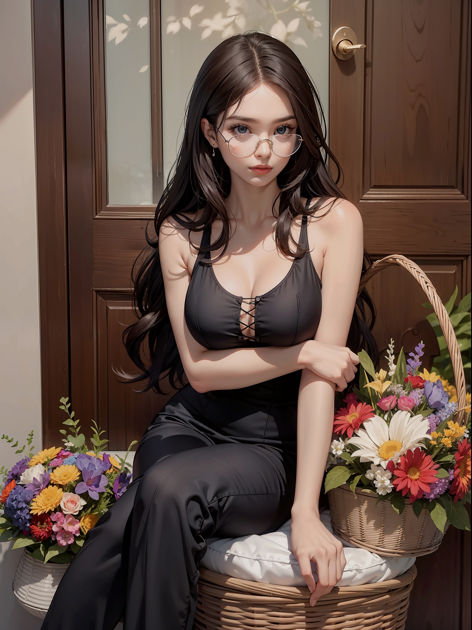General 1536x2048 AI art black dress flowers glasses black clothing sitting looking at viewer Asian women portrait display bare shoulders cleavage big boobs dress