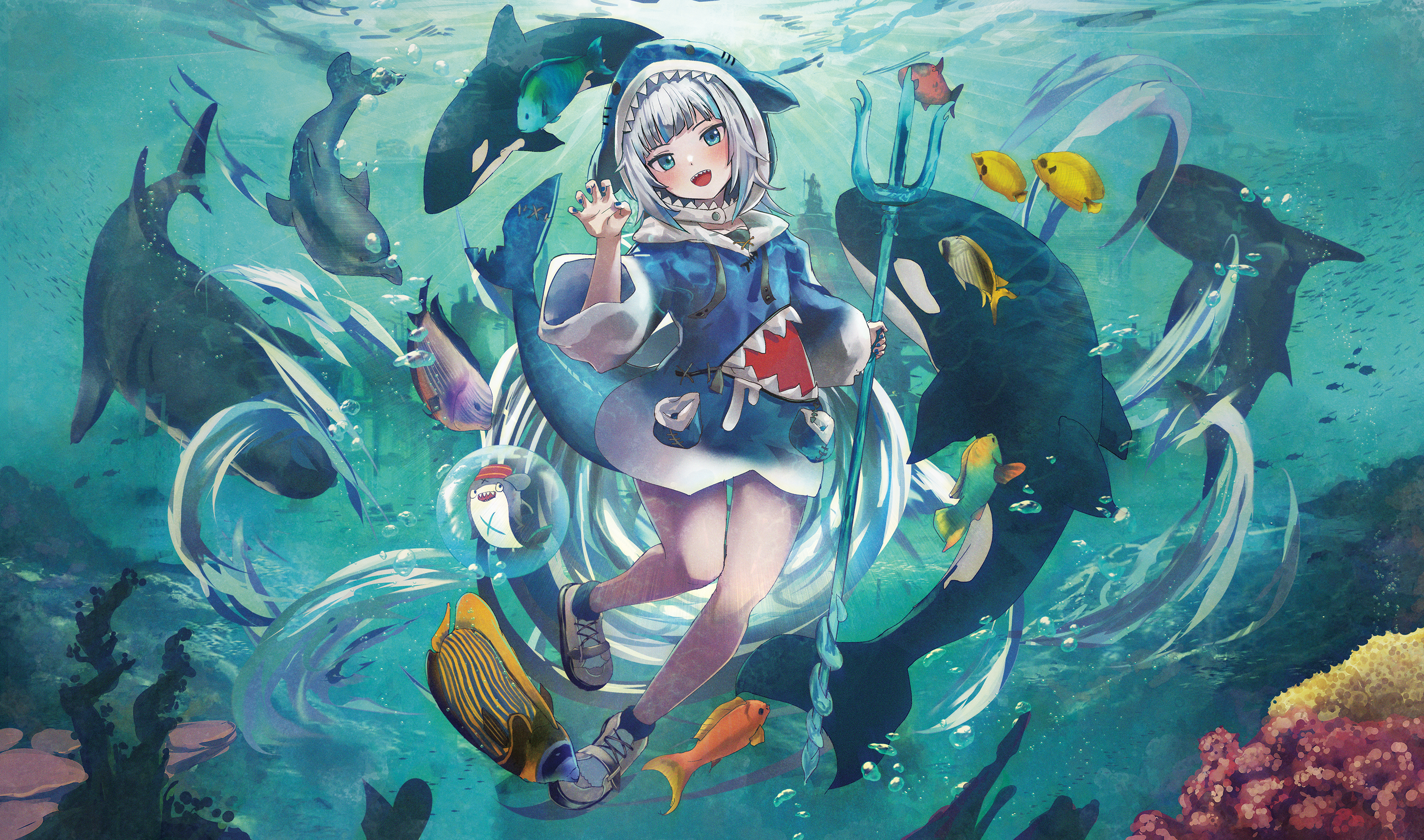 Anime 3000x1770 Virtual Youtuber Gawr Gura wildlife fish fan art Hololive blue eyes anime girls two tone hair water animals bubbles trident looking at viewer blushing coral underwater in water sunlight orca