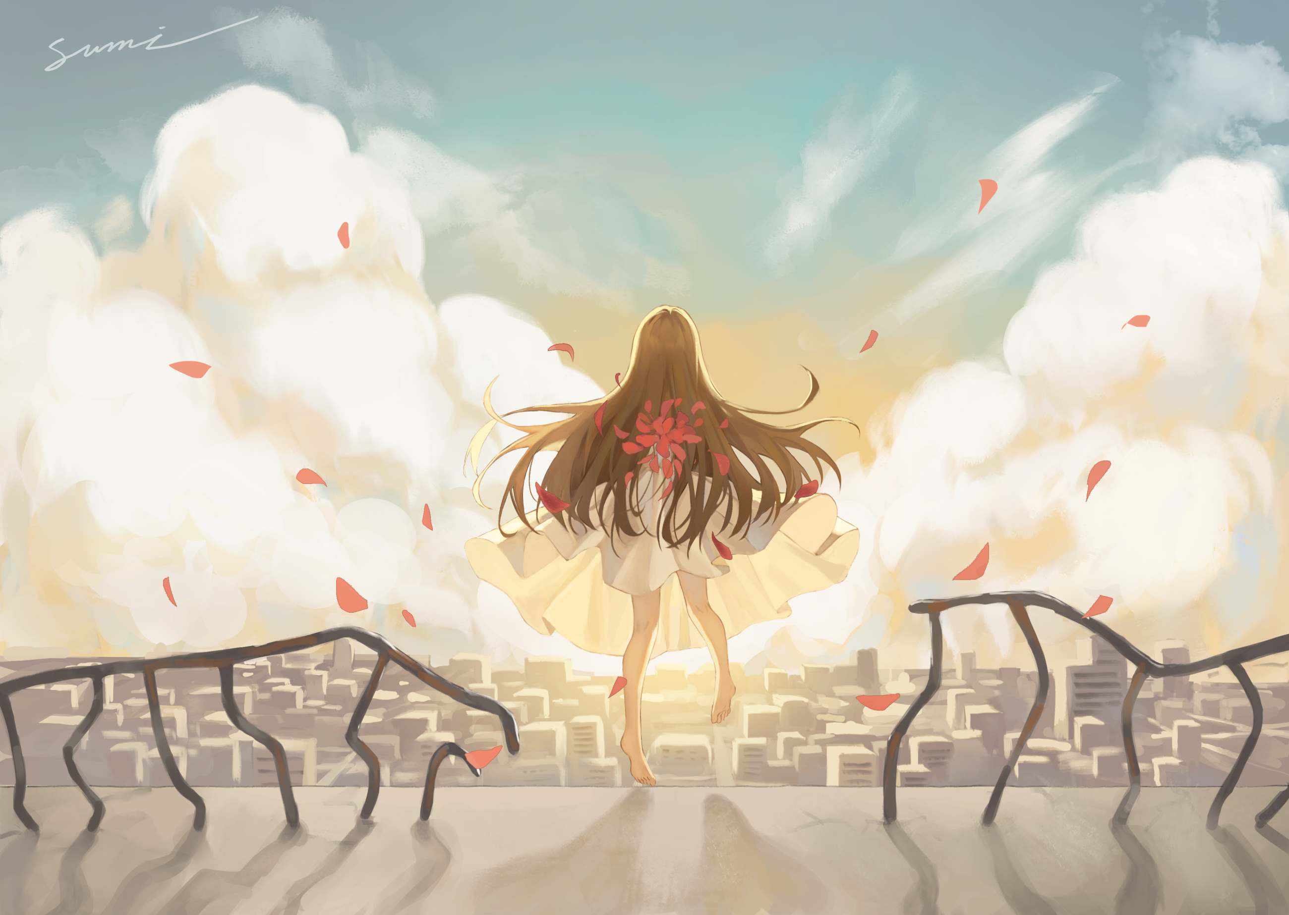 Anime 2600x1847 anime anime girls dress petals long hair sky clouds signature city cityscape feet foot sole digital art