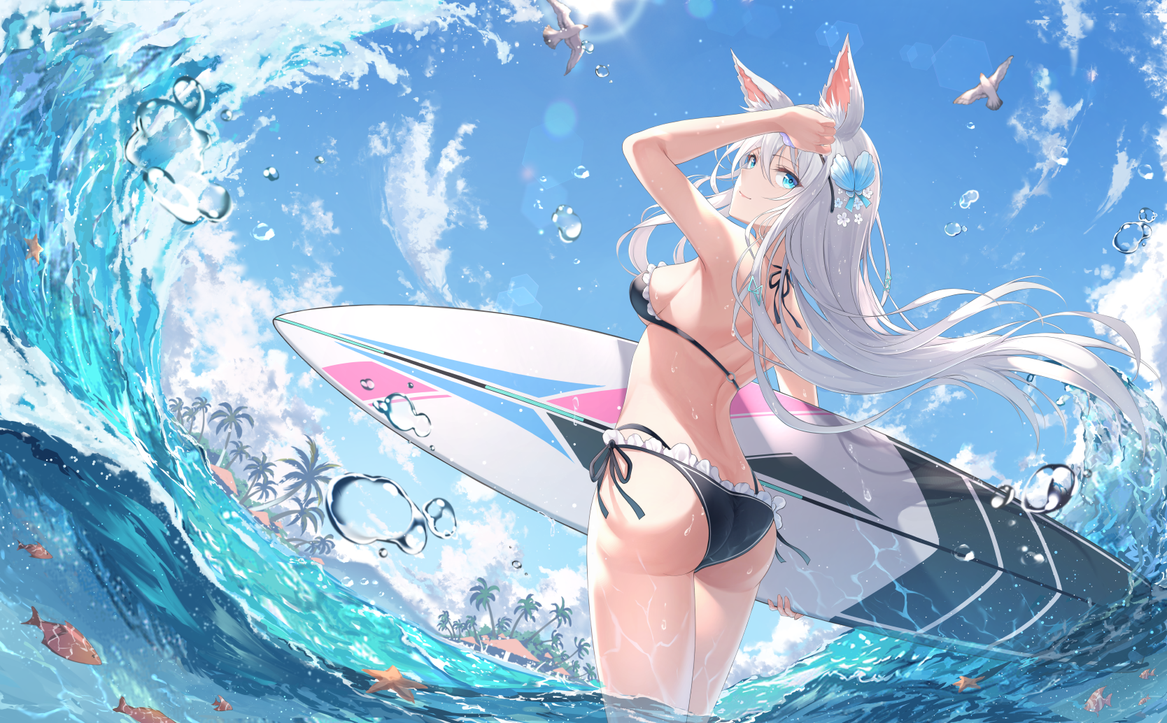 Anime 1668x1034 anime girls animal ears standing in water water long hair women outdoors black bikinis surfboards swimwear water drops palm trees rear view waves arched back bare shoulders animals fish looking over shoulder looking at viewer armpits looking back blue eyes white hair hair ornament flower in hair sunlight hair blowing in the wind wet body outdoors string bikini seagulls closed mouth tropical fish Fuuro hand(s) in hair sky thighs frills clouds birds wet