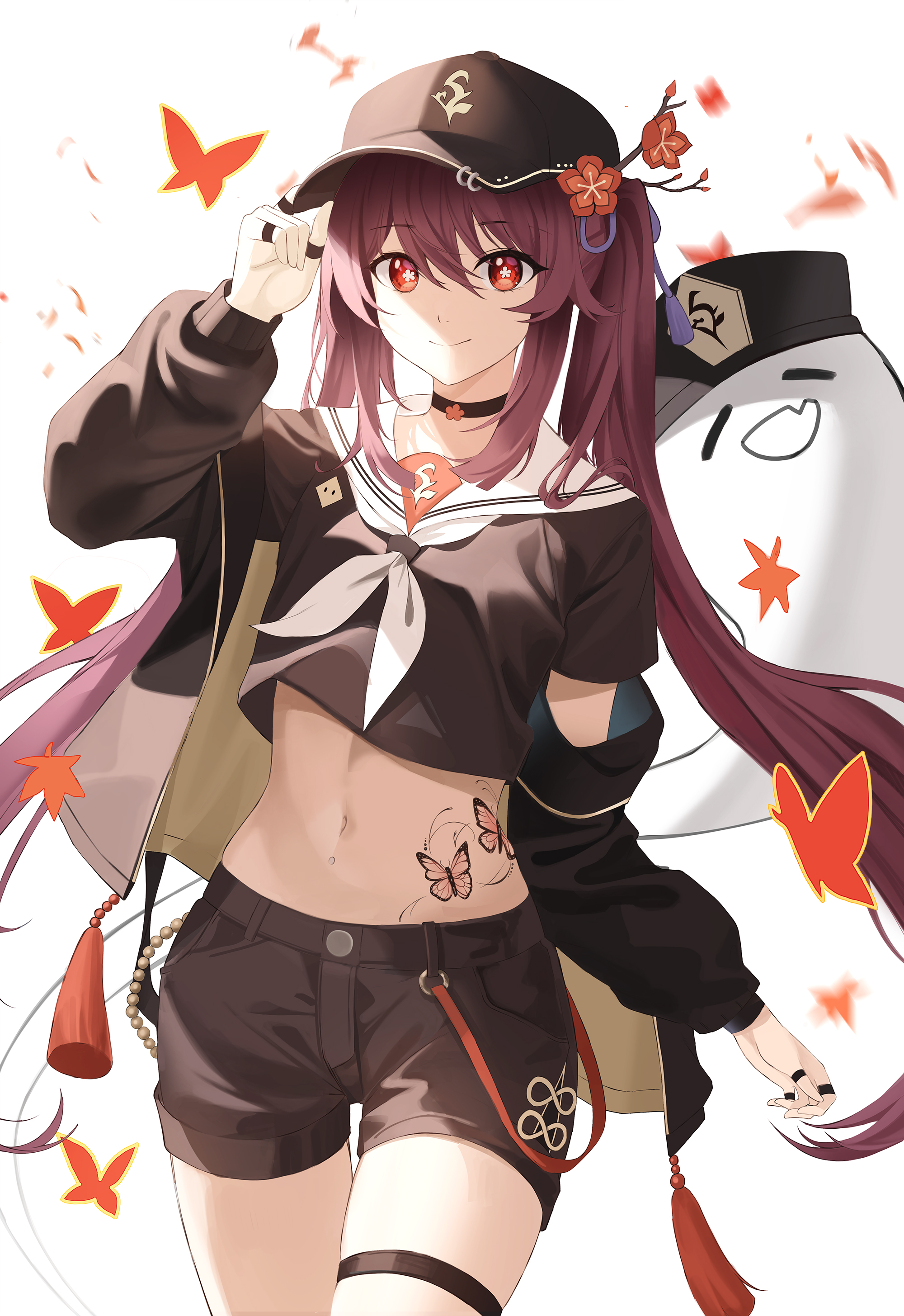 Anime 2000x2910 anime anime girls digital art artwork Pixiv petite portrait portrait display looking at viewer belly button belly bare midriff 2D shorts short shorts Hu Tao (Genshin Impact) Genshin Impact hat smiling choker ghost leaves tattoo butterfly minimalism white background simple background long hair twintails