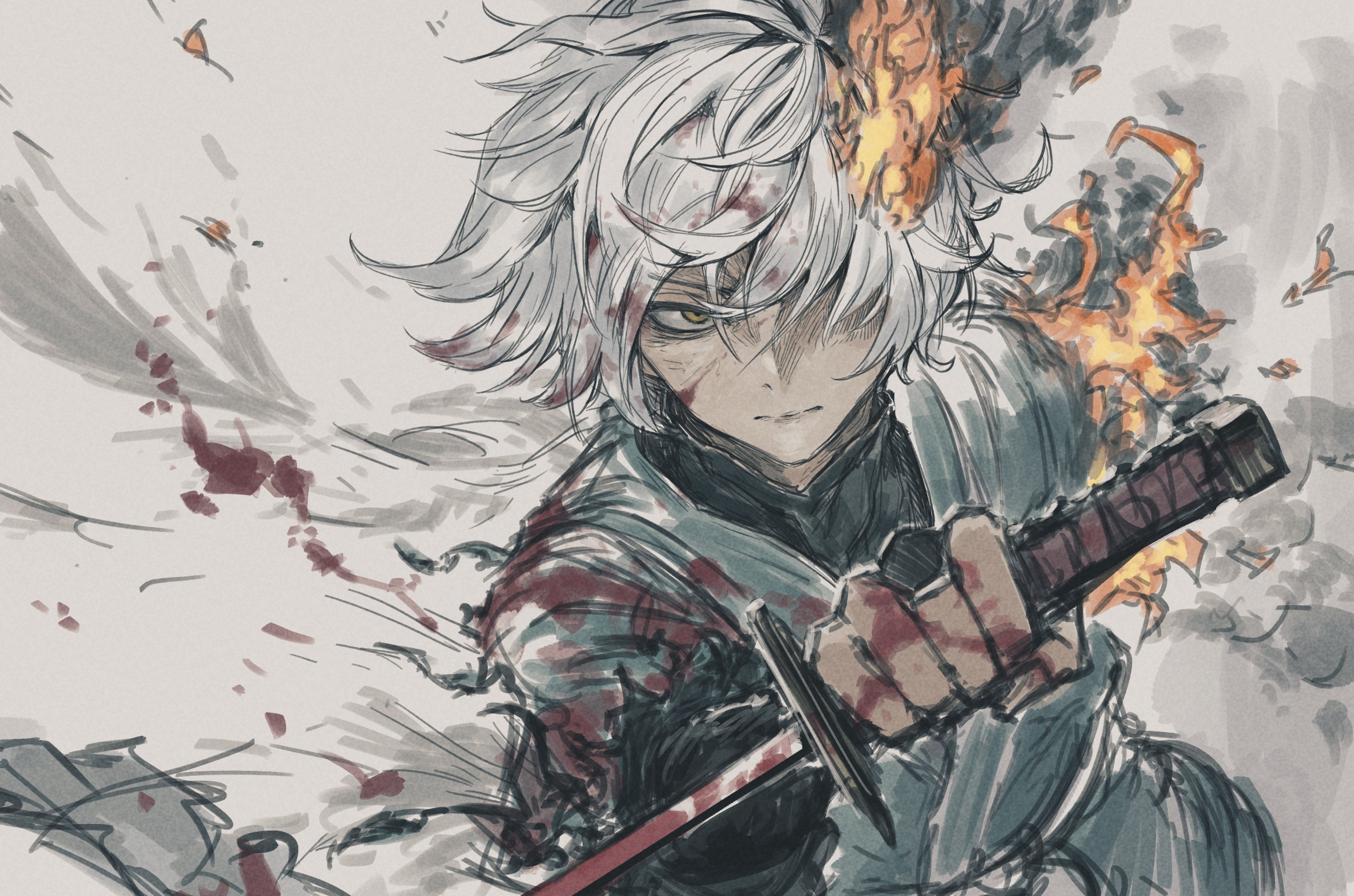 white hair, Hell's Paradise: Jigokuraku, gabimaru, fire, smoke