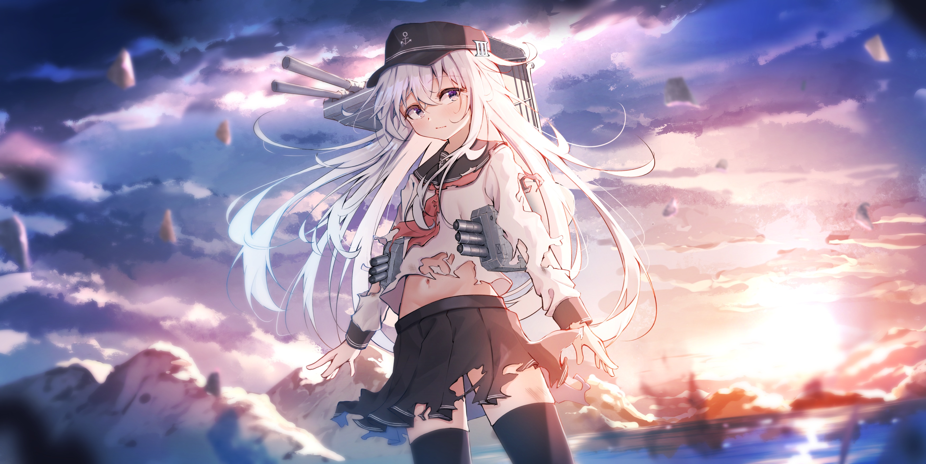 Anime 3500x1754 anime anime girls long hair Kantai Collection Hibiki (KanColle) clouds sunset sunset glow hat sky torn clothes standing stockings looking sideways