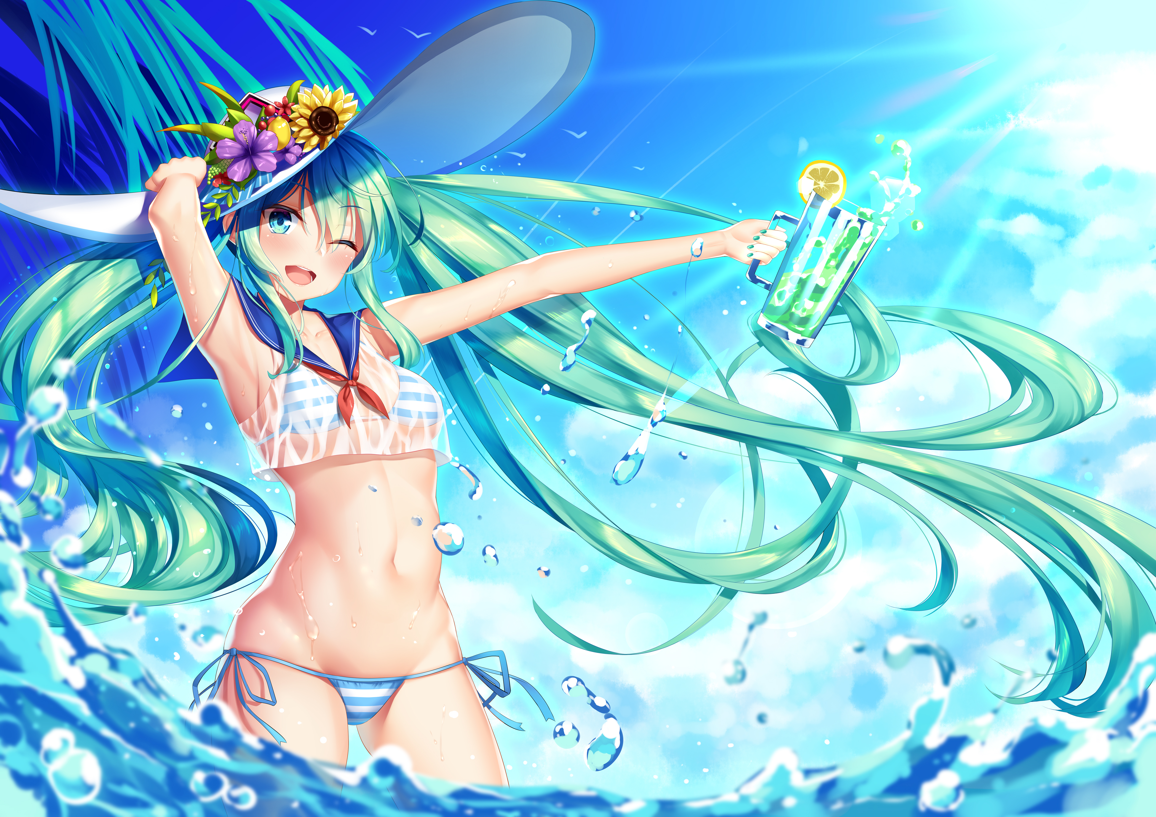 Anime 3900x2757 Vocaloid anime girls Hatsune Miku water long hair blue hair turquoise hair blue eyes wink looking at viewer see-through clothing sky one eye closed armpits bikini striped bikini standing in water sea sunlight blushing MeIoN aqua eyes belly twintails flowers sun hats wet body cocktails drink open mouth thighs bare midriff swimwear one arm up water drops belly button smiling women outdoors waves sunflowers hat clouds wet