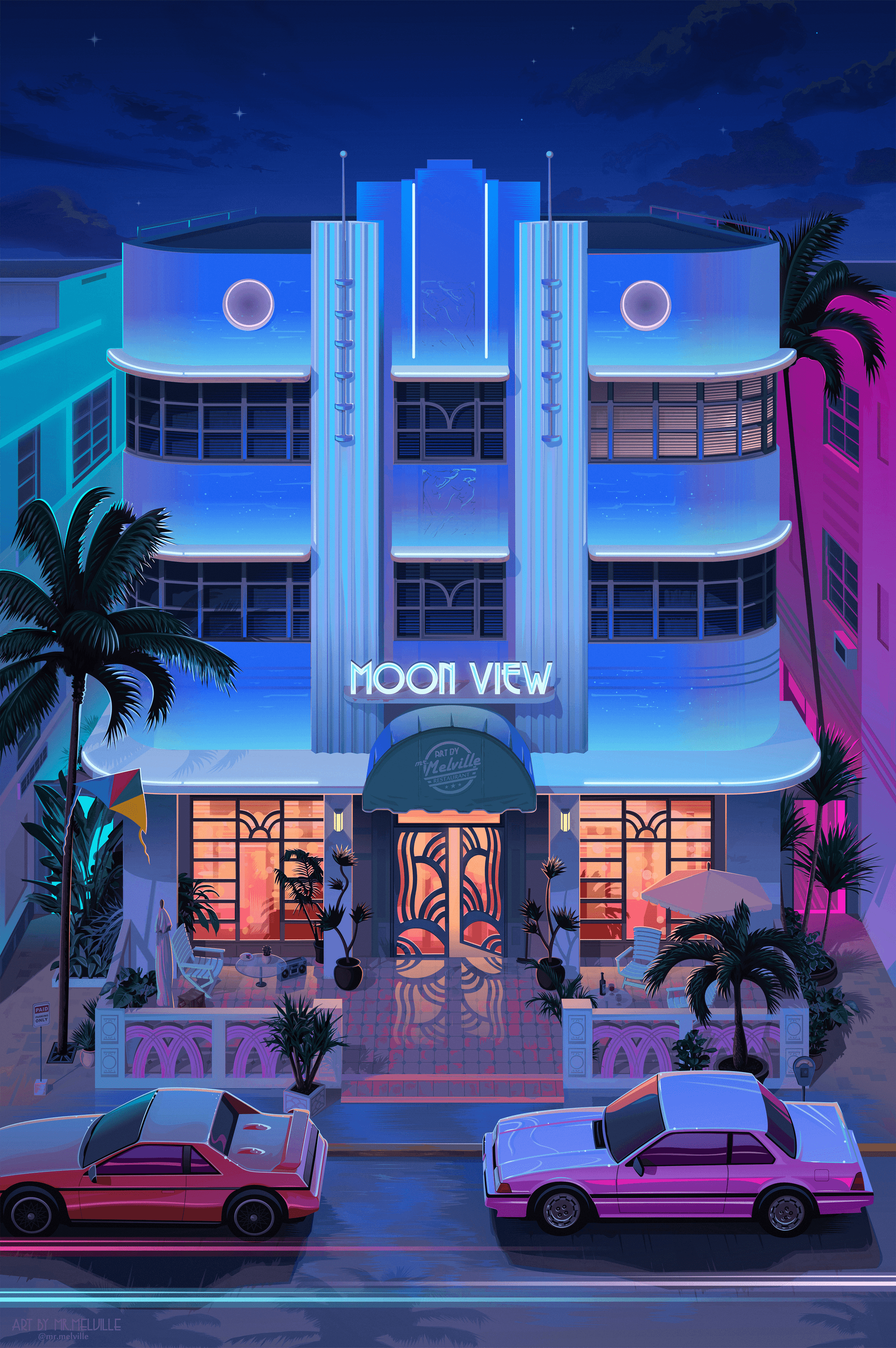 General 2000x3009 Mr. Melville digital art artwork illustration portrait display modern night car vehicle hotel building palm trees street clouds