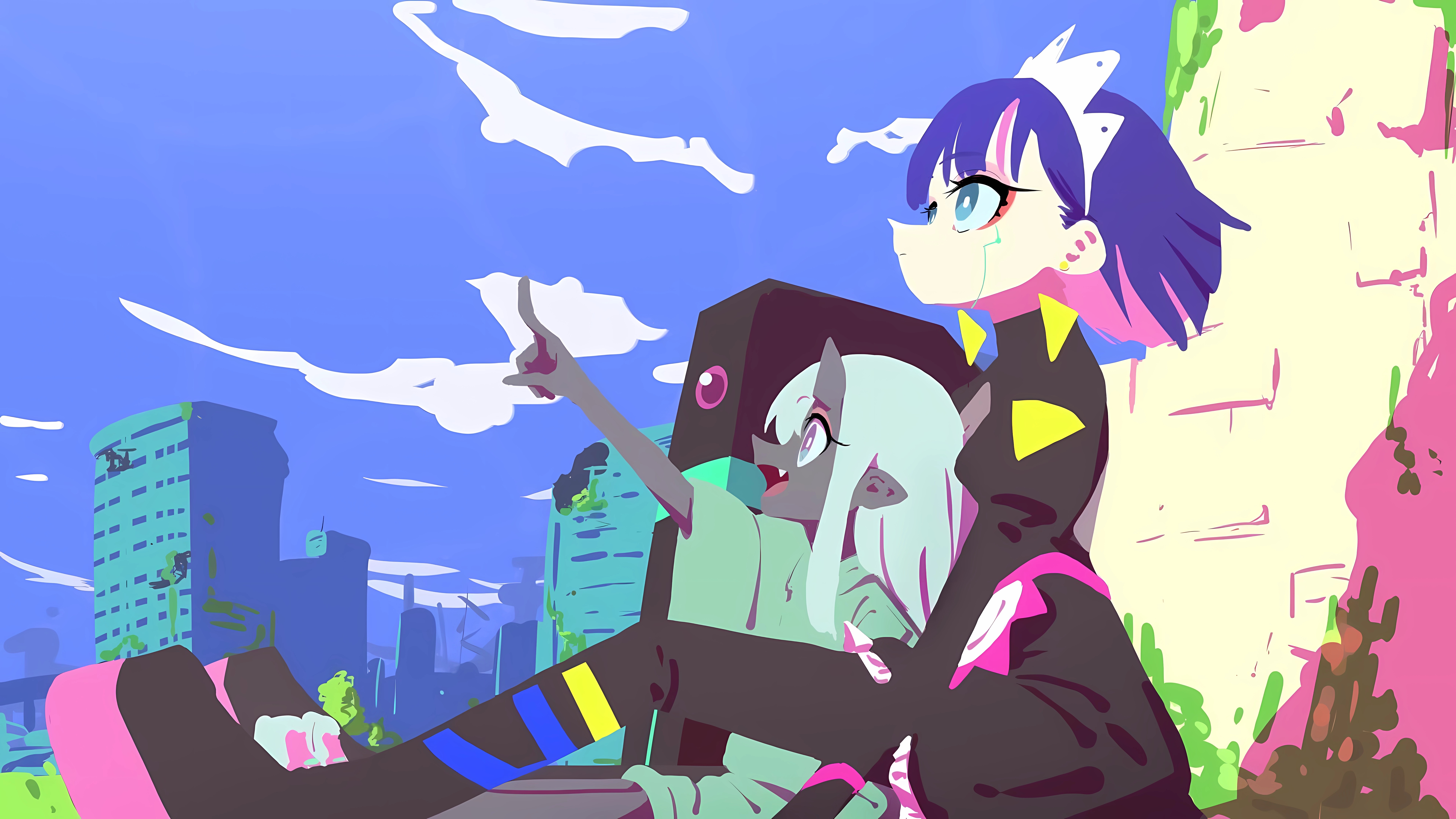 Anime 7680x4320 hanabushi anime girls zutto Mayonaka de Iinoni finger pointing clouds sky looking up building short hair pointy ears horns