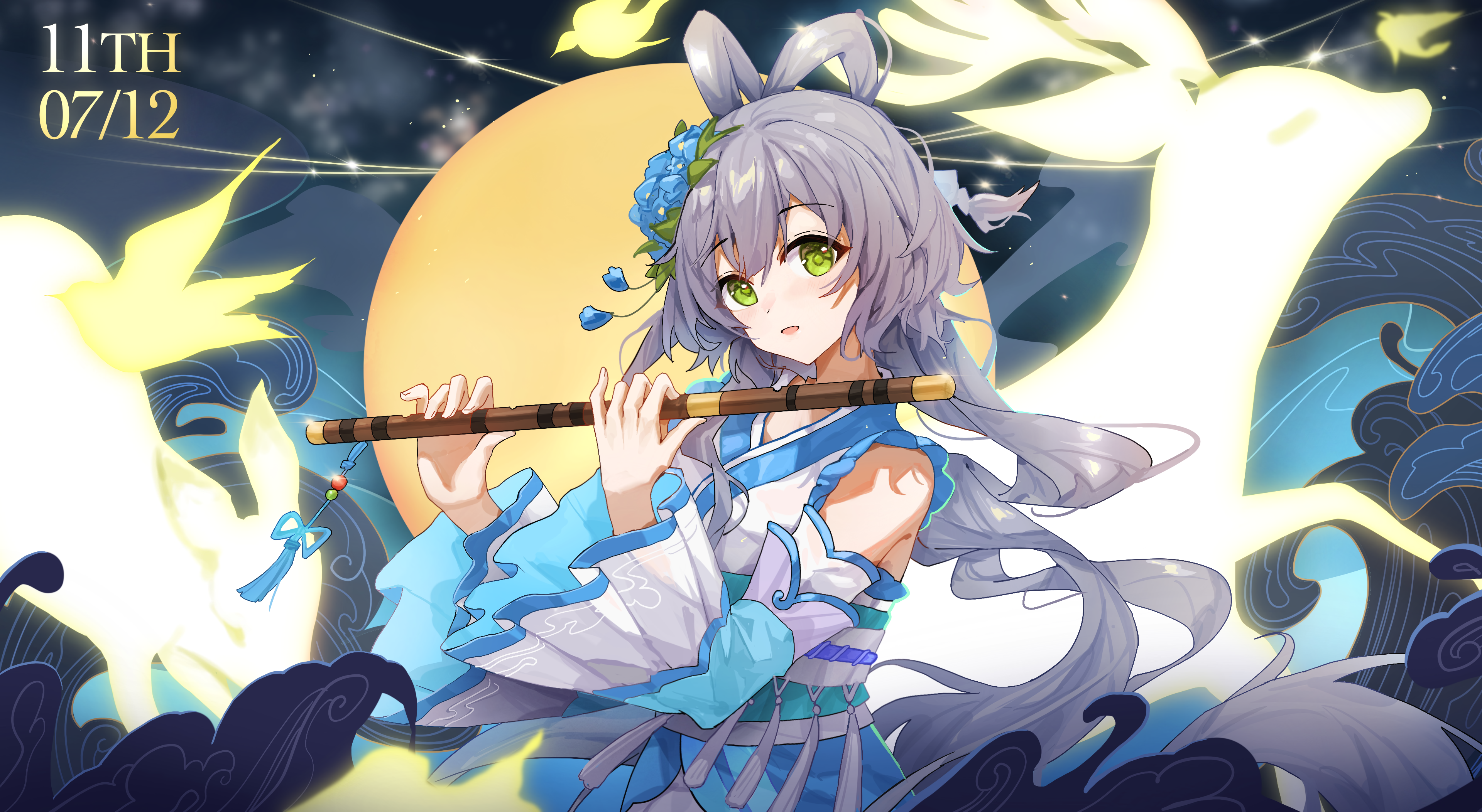 Anime 3841x2106 anime anime girls flute musical instrument long hair stars looking at viewer standing green eyes flower in hair animals rabbits antlers