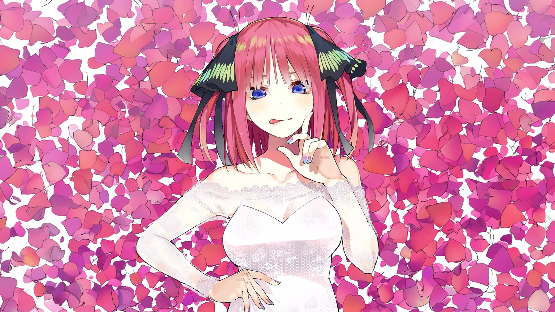 Anime 1920x1080 anime girls anime Nakano Nino 5-toubun no Hanayome wedding dress tongue out looking at viewer petals redhead blue eyes
