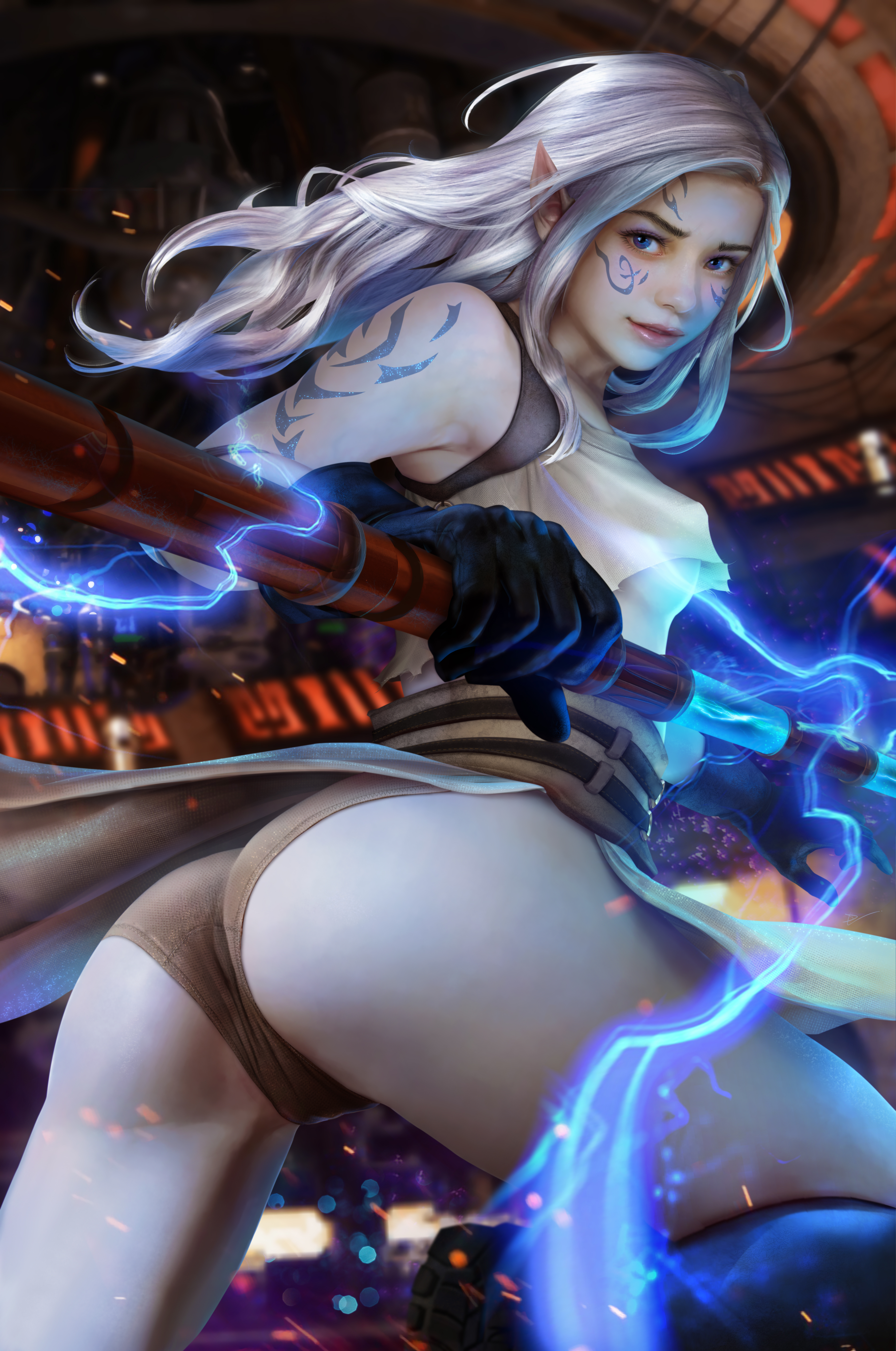 General 3812x5746 Star Wars fantasy girl fictional character artwork drawing fan art DemonLordDante ass pointy ears portrait display looking back gloves looking at viewer lightning long hair smiling blue eyes