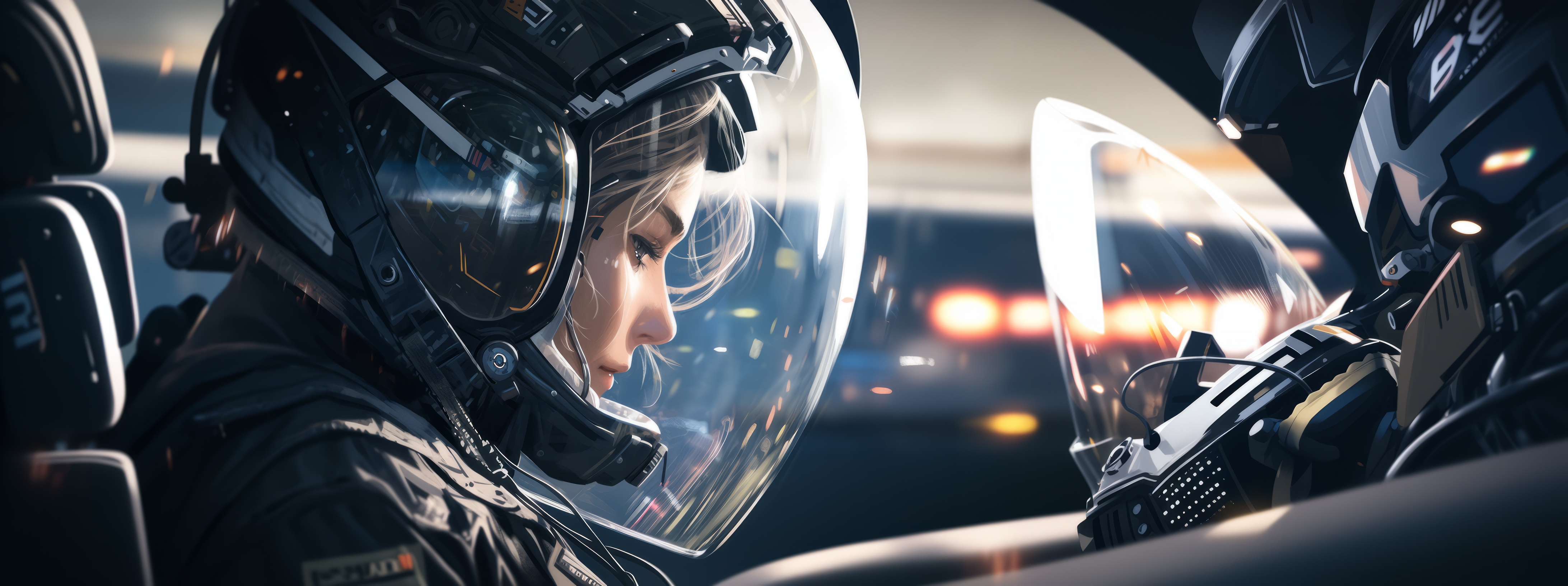 General 4368x1632 AI art women illustration science fiction pilot cockpit spacesuit helmet