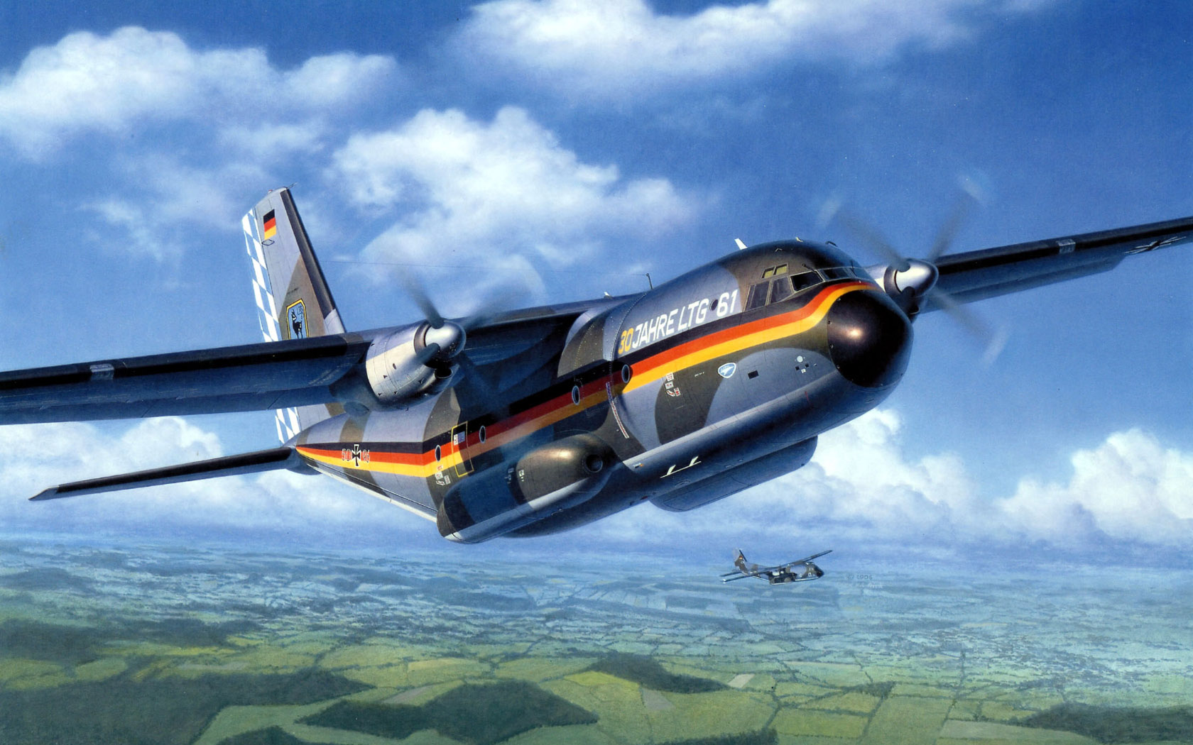 General 1680x1050 aircraft flying sky military clouds artwork military vehicle Germany Transall C-160 Luftwaffe military aircraft German Flag Boxart