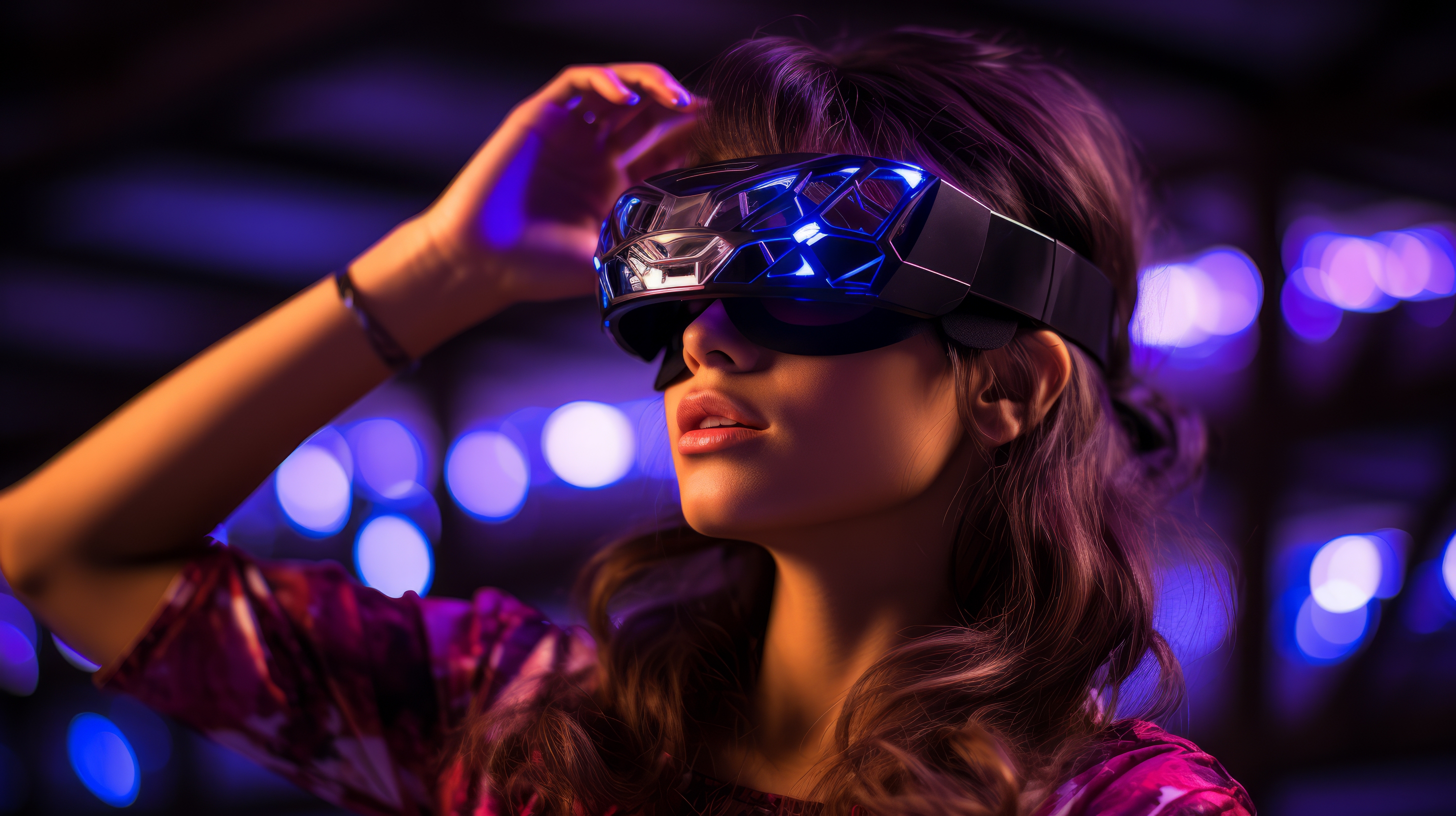 General 2912x1632 AI art women cyberpunk neon VR Headset Virtual Reality Headset purple long hair blurred blurry background wavy hair digital art