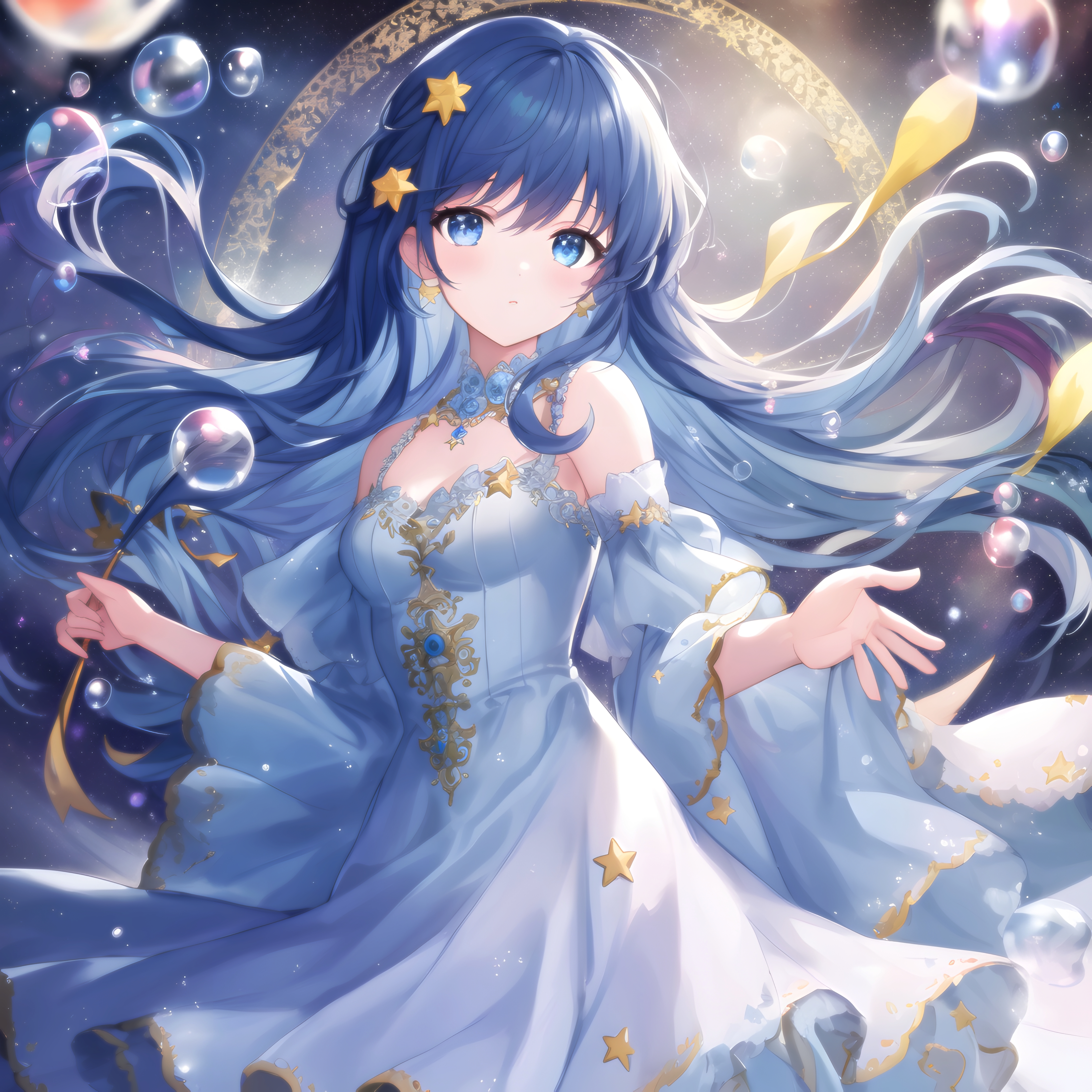 original characters, blue hair, blue eyes, anime, anime girls, artwork,  digital art, dress, water drops, AI art | 4096x4096 Wallpaper 