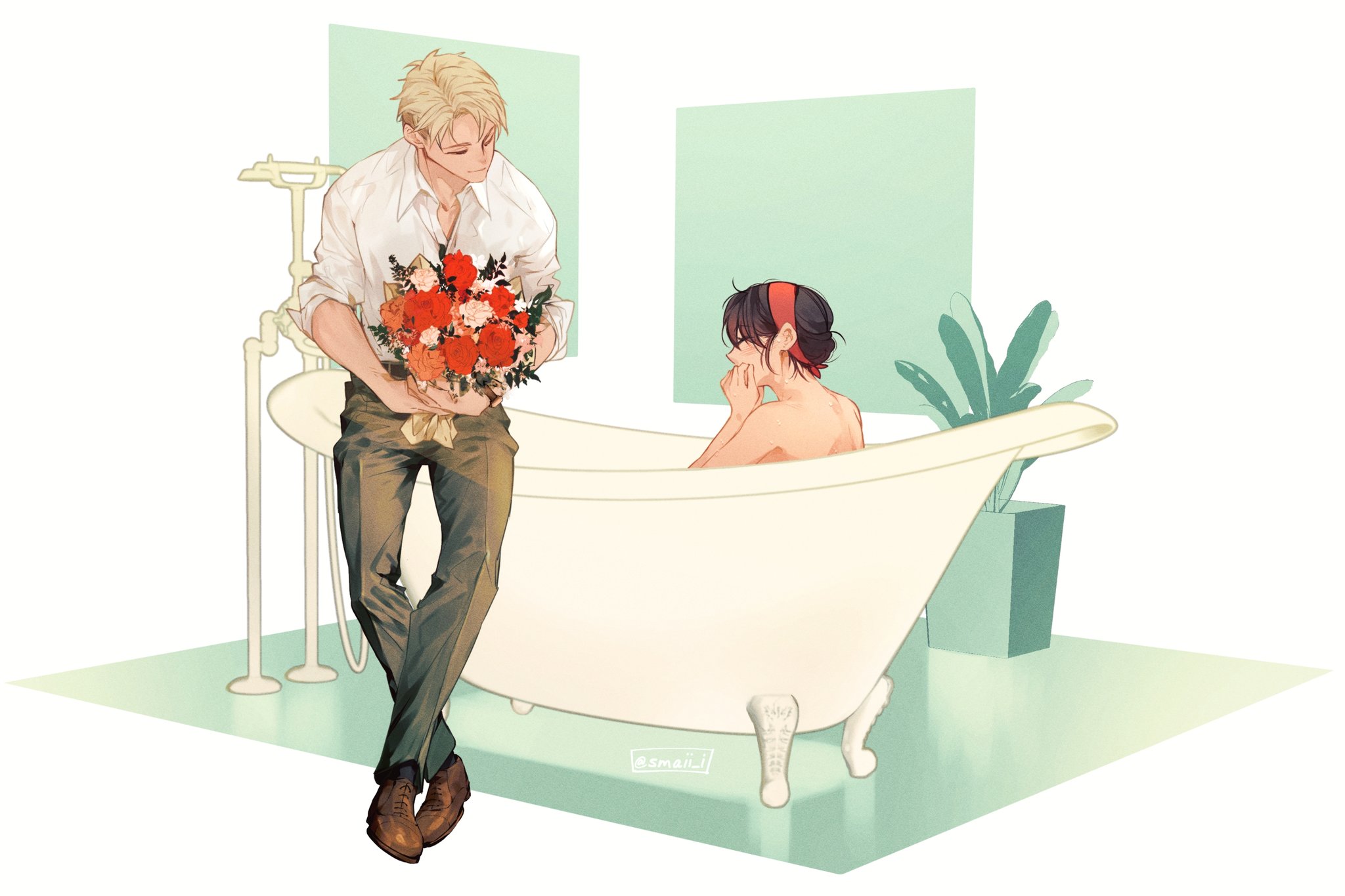 Anime 2048x1365 Spy x Family Loid Forger Yor Forger bathtub flowers anime boys anime girls closed eyes