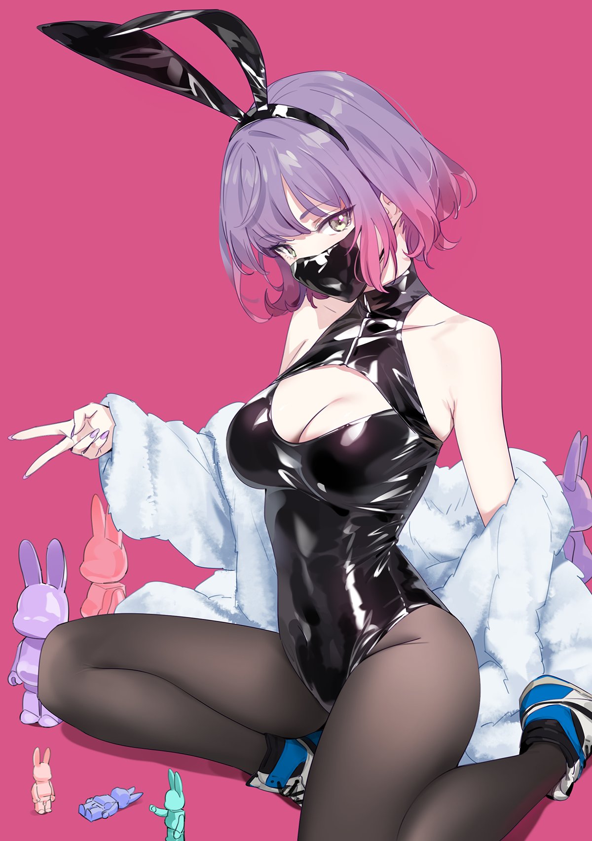Anime 1200x1704 anime girls boobs bunny suit latex peace sign pantyhose mask short hair gradient hair bunny ears cleavage cutout fur coats gray eyes looking at viewer bare shoulders portrait display cleavage