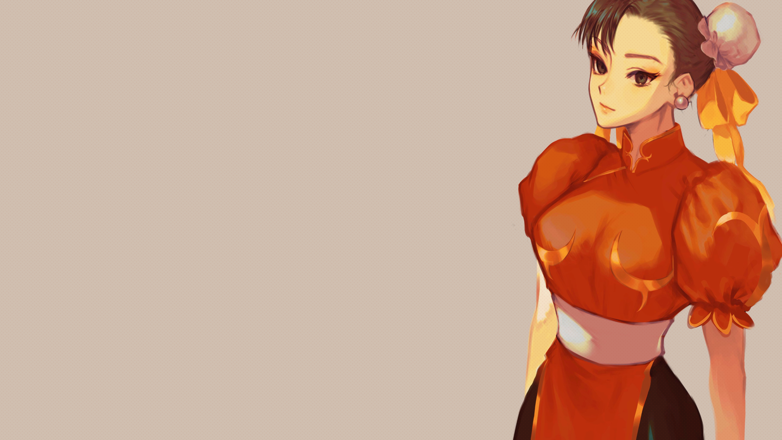 Anime 2560x1440 Chun-Li Street Fighter video games thighs shoulder pads twin buns brunette Traditional Chinese clothing video game girls fighting games ribbon leggings red clothing sash earring simple background alternate costume minimalism
