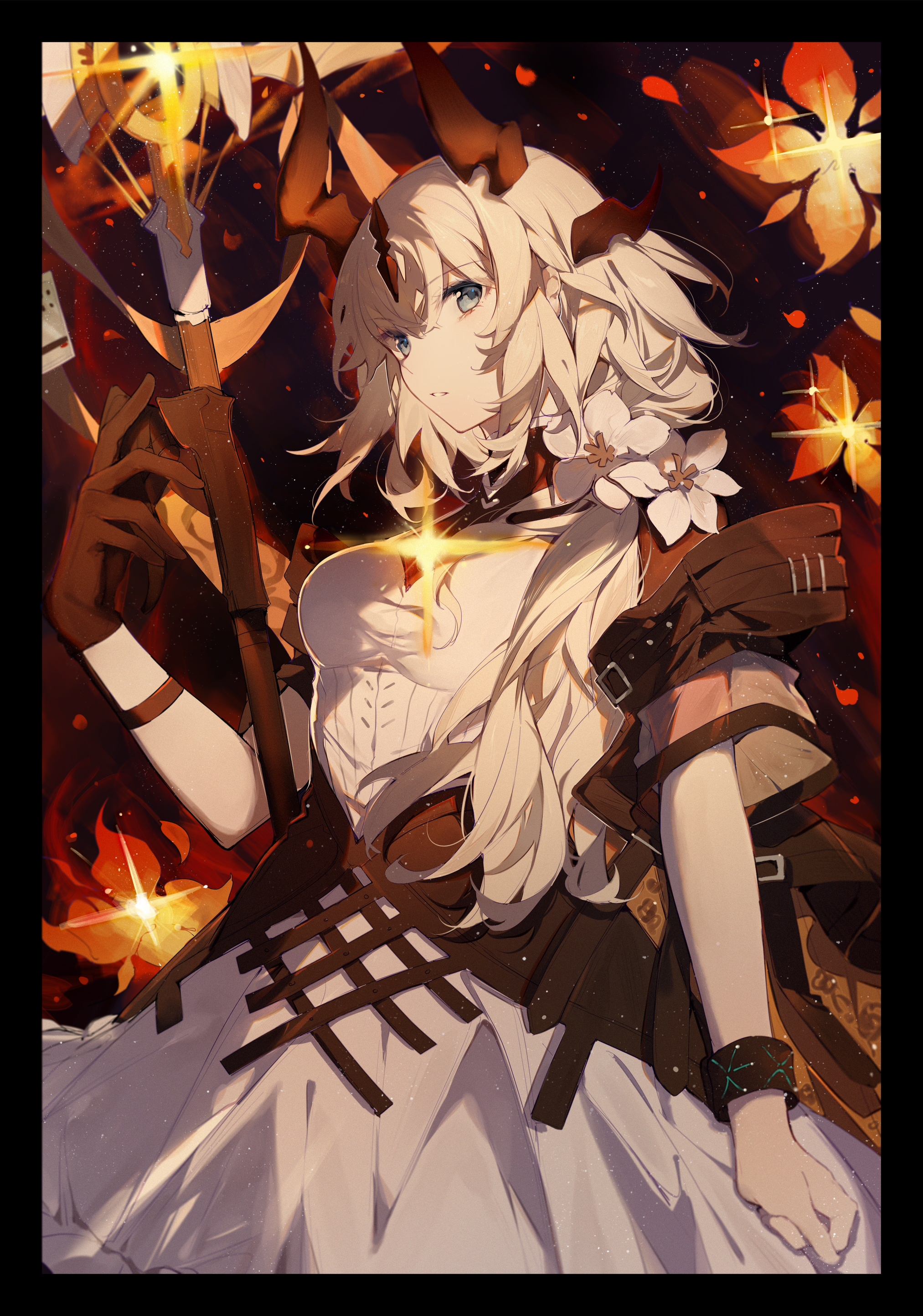 Anime 2025x2886 anime girls women portrait display gloves flowers horns Arknights Reed The Flame Shadow (Arknights)