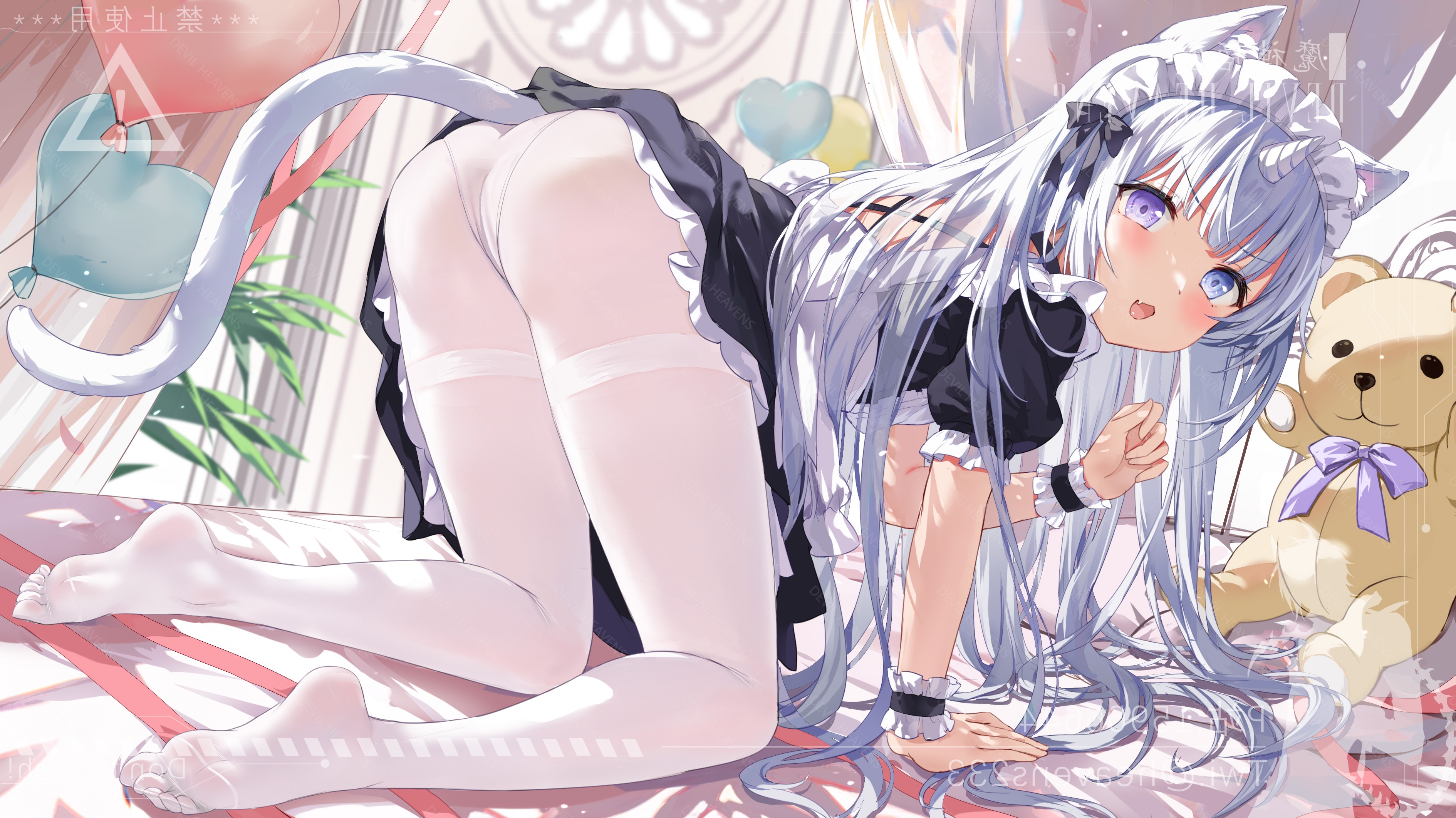 Anime 3780x2125 anime anime girls bent over maid maid outfit cat girl cat ears cat tail heterochromia blushing pantyhose ass teddy bears long hair panties bed petals balloon heart (design) loli Ninico (Vtuber) indie virtual youtuber Devil Heavens Virtual Youtuber