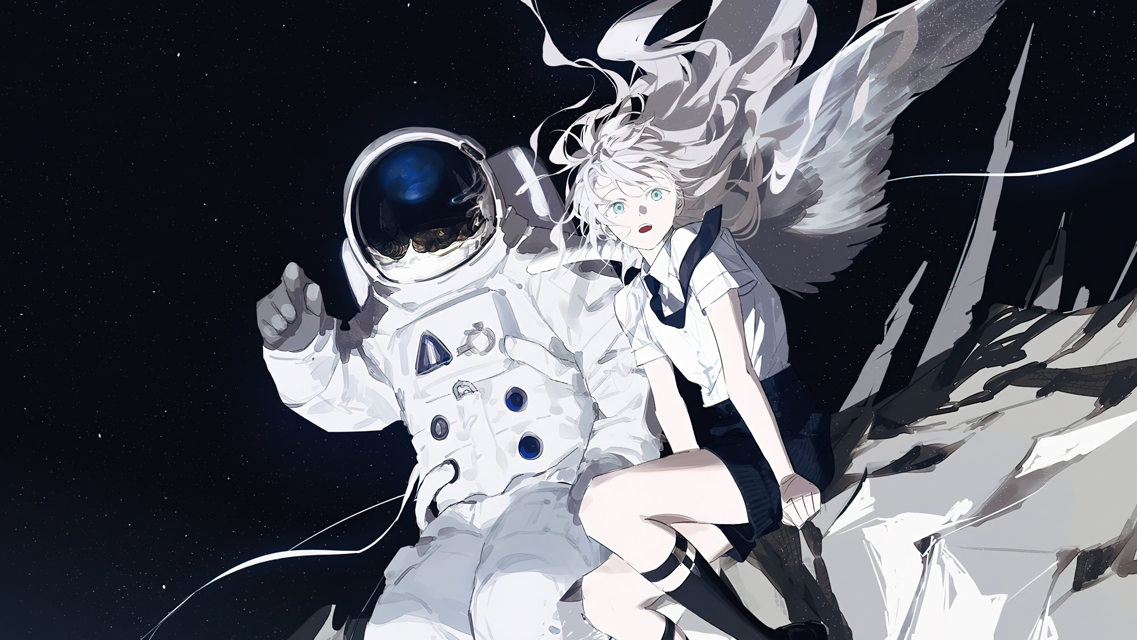 Anime 3840x2160 astronaut anime girls spacesuit starry night space wings schoolgirl school uniform Kazari Tayu