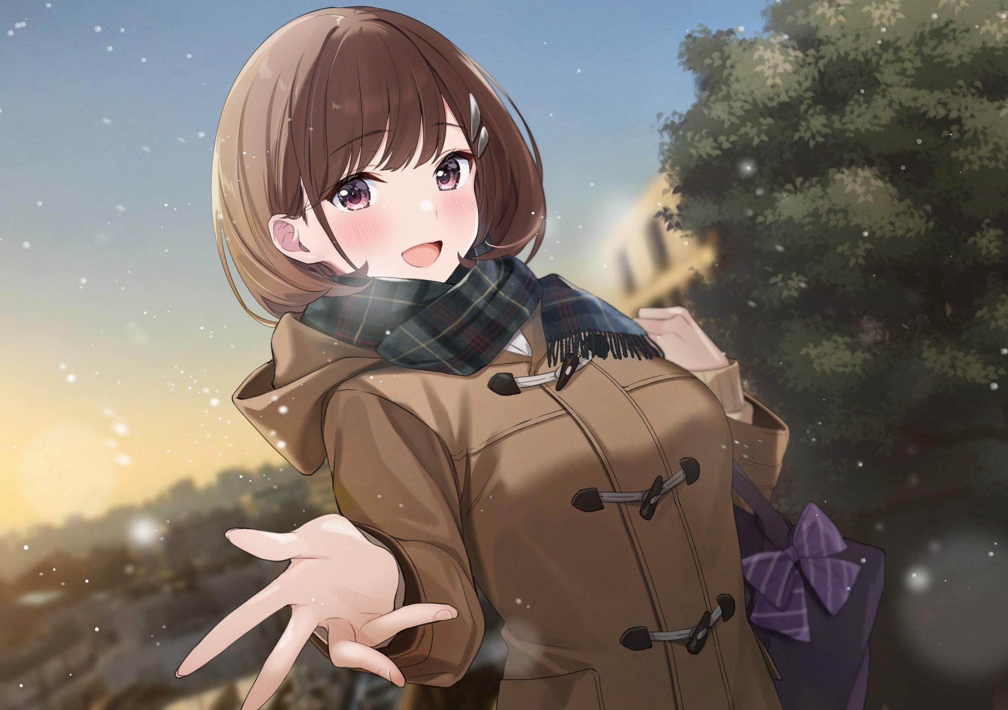 Anime 2048x1443 anime anime girls scarf snow brunette blushing