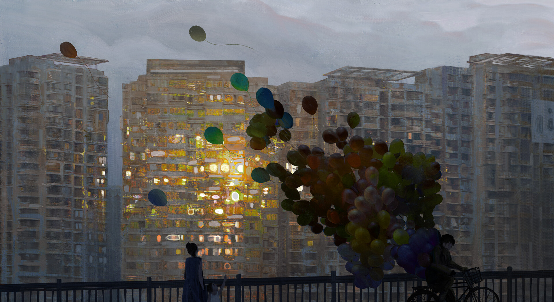General 1920x1047 DannyLaiLai ArtStation block of flats Brutalism balloon bicycle city digital art
