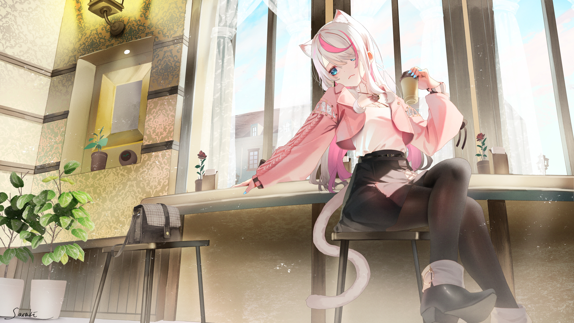 Anime 1920x1080 original characters cat girl anime girls plants cat ears cat tail hair over one eye legs crossed two tone hair leaves