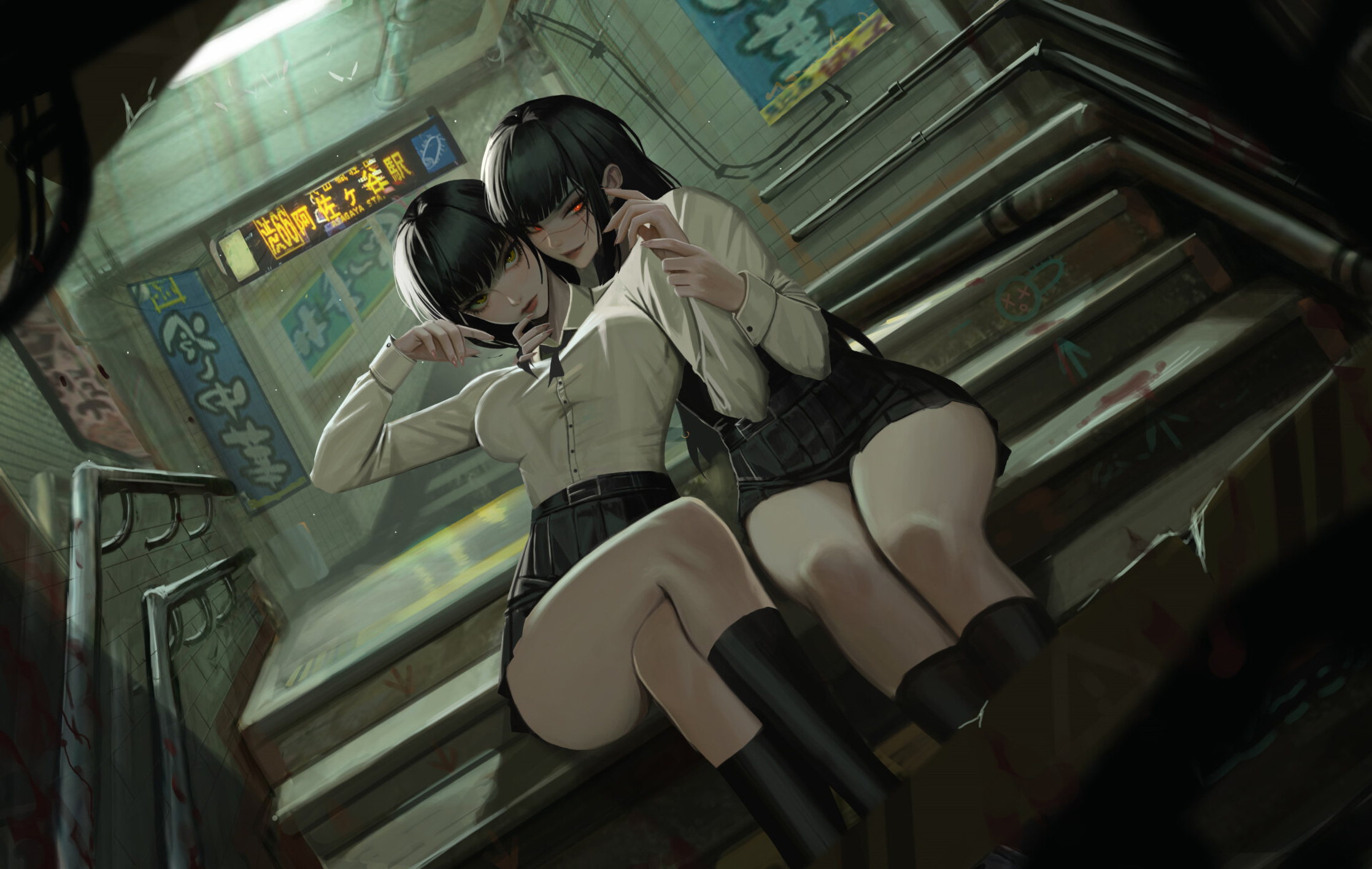 Anime 2236x1416 Neor Art drawing two women red eyes stairs subway Chainsaw Man Mitaka Asa (Chainsaw Man) Yoru (Chainsaw Man)