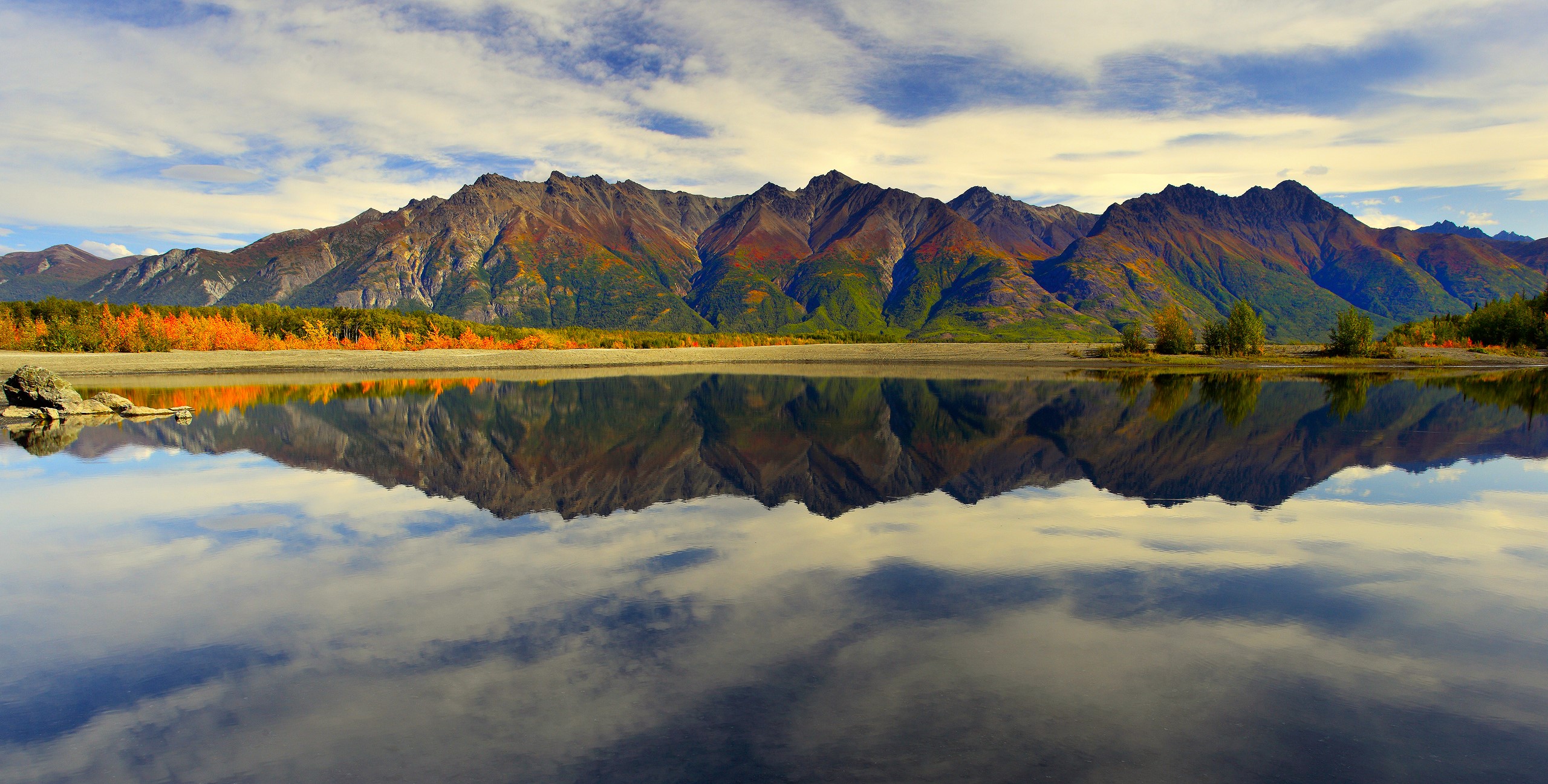 General 2560x1297 nature landscape mountains trees water lake reflection sky clouds Alaska USA Dave Krause