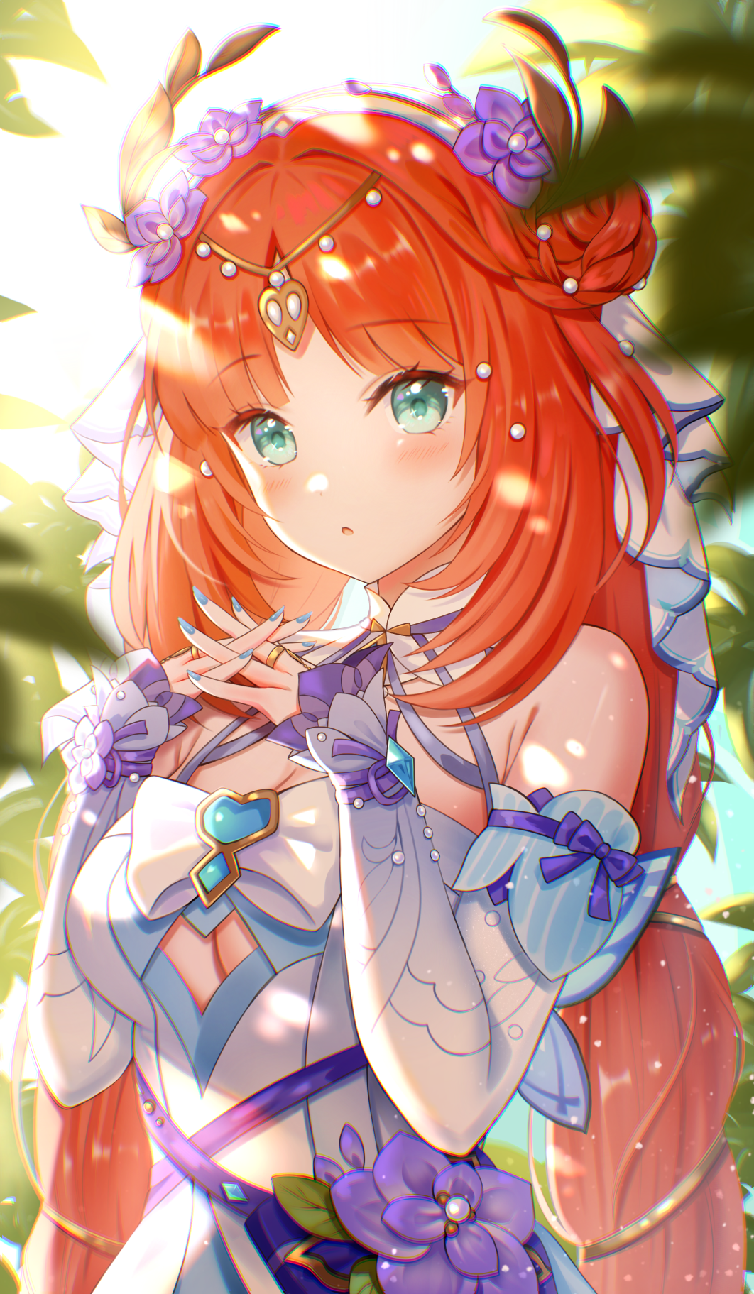 Anime 1062x1823 Genshin Impact artwork Nilou (Genshin Impact) anime anime girls redhead green eyes white dress sunlight cleavage headdress rings shy portrait display Nasii