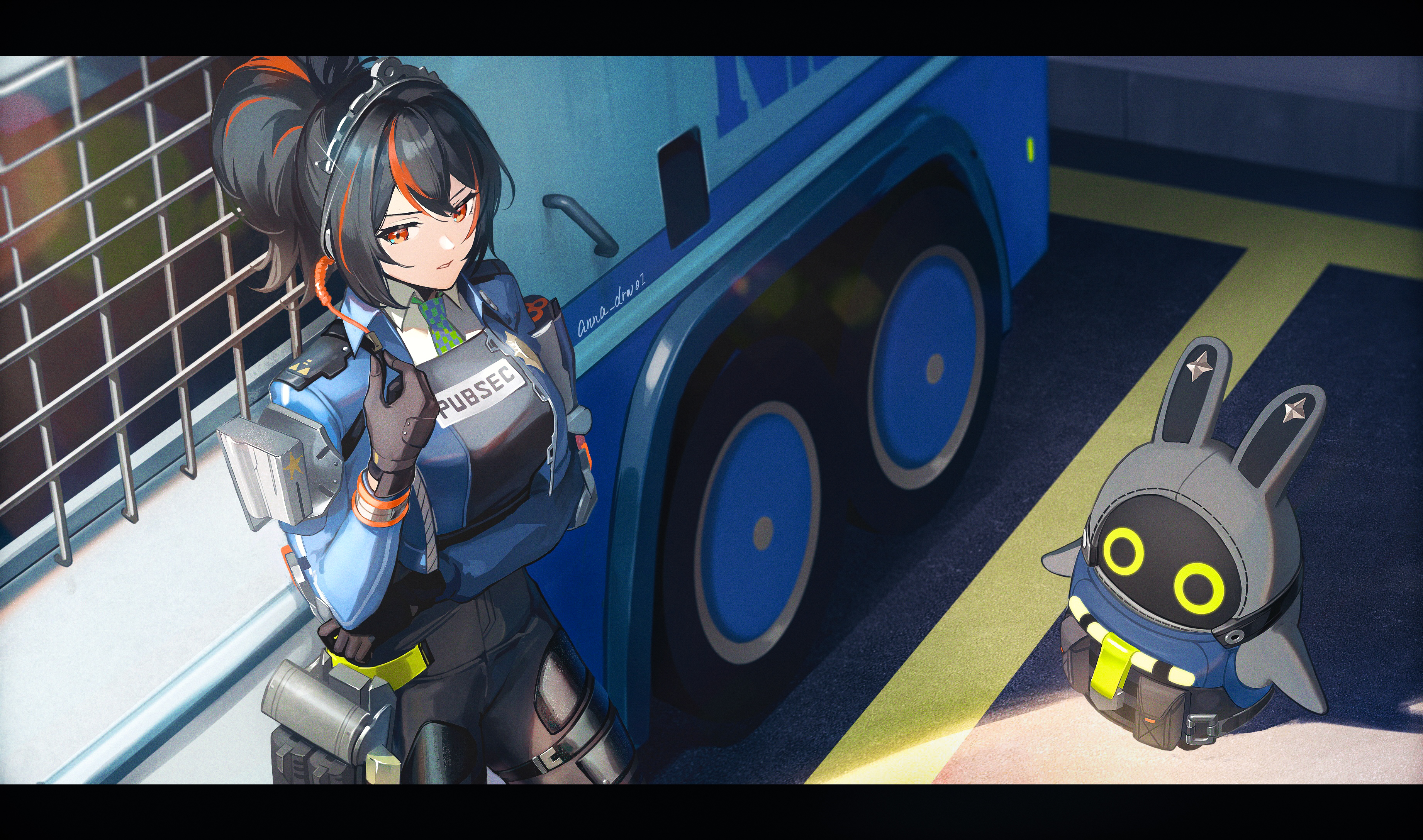 Anime 3685x2176 Zenless Zone Zero artwork Zhu Yuan (Zenless Zone Zero) anime anime girls black hair ponytail police police costume big boobs leather pants  pistol earphones Bangboo (Zenless Zone Zero) gloves