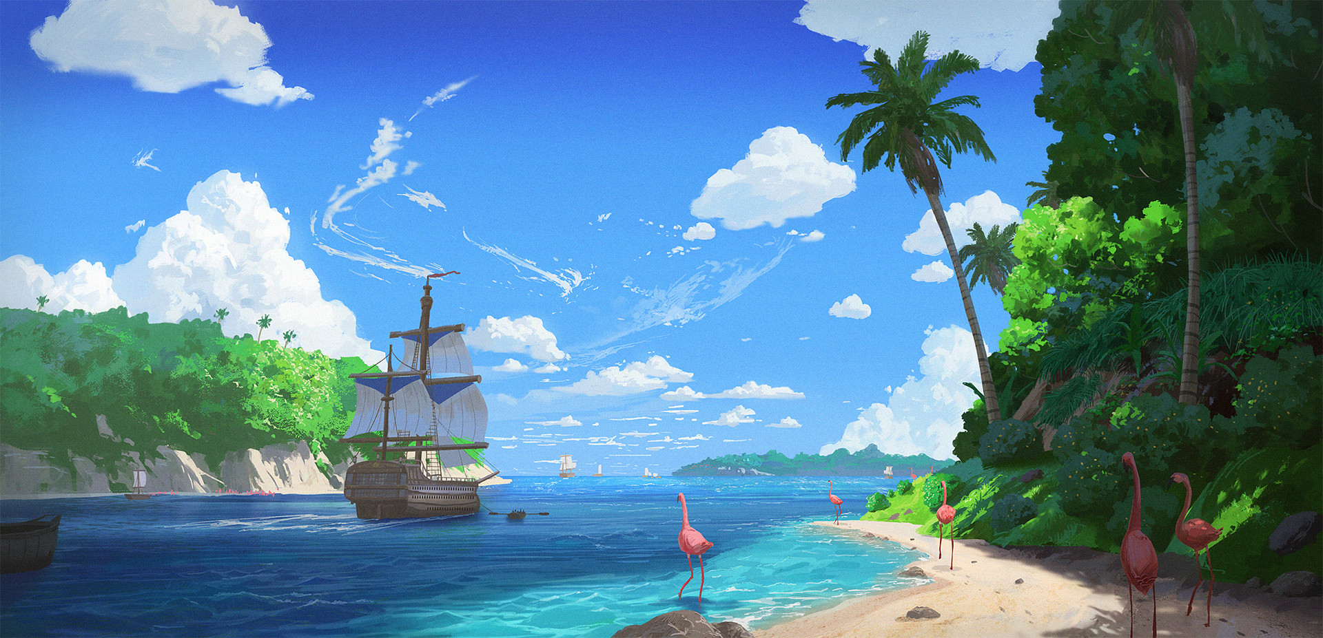 Anime 1920x927 Cyclecircle palm trees flamingos outdoors beach water trees sky ship cumulus birds sailing sand