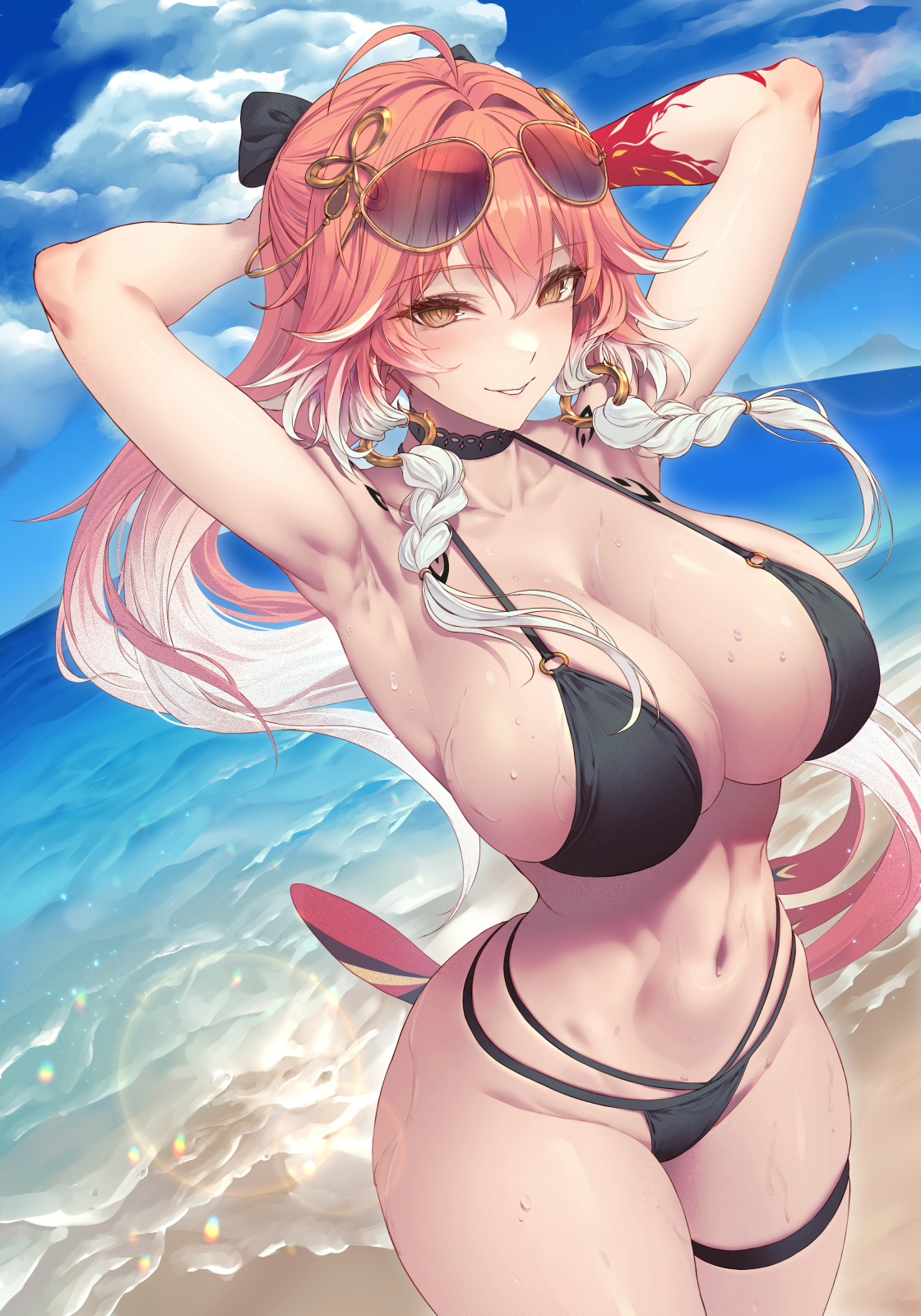 Anime 1120x1600 Wuthering Waves armpits portrait display long hair Changli (Wuthering Waves) huge breasts black bikinis women outdoors cleavage looking at viewer choker LimeSaurus sunglasses arm(s) behind head sky women on beach beach hair ornament wet body bikini clouds wet smiling sea ahoge thigh strap thigh band leg ring spread armpit shaved armpit arms up