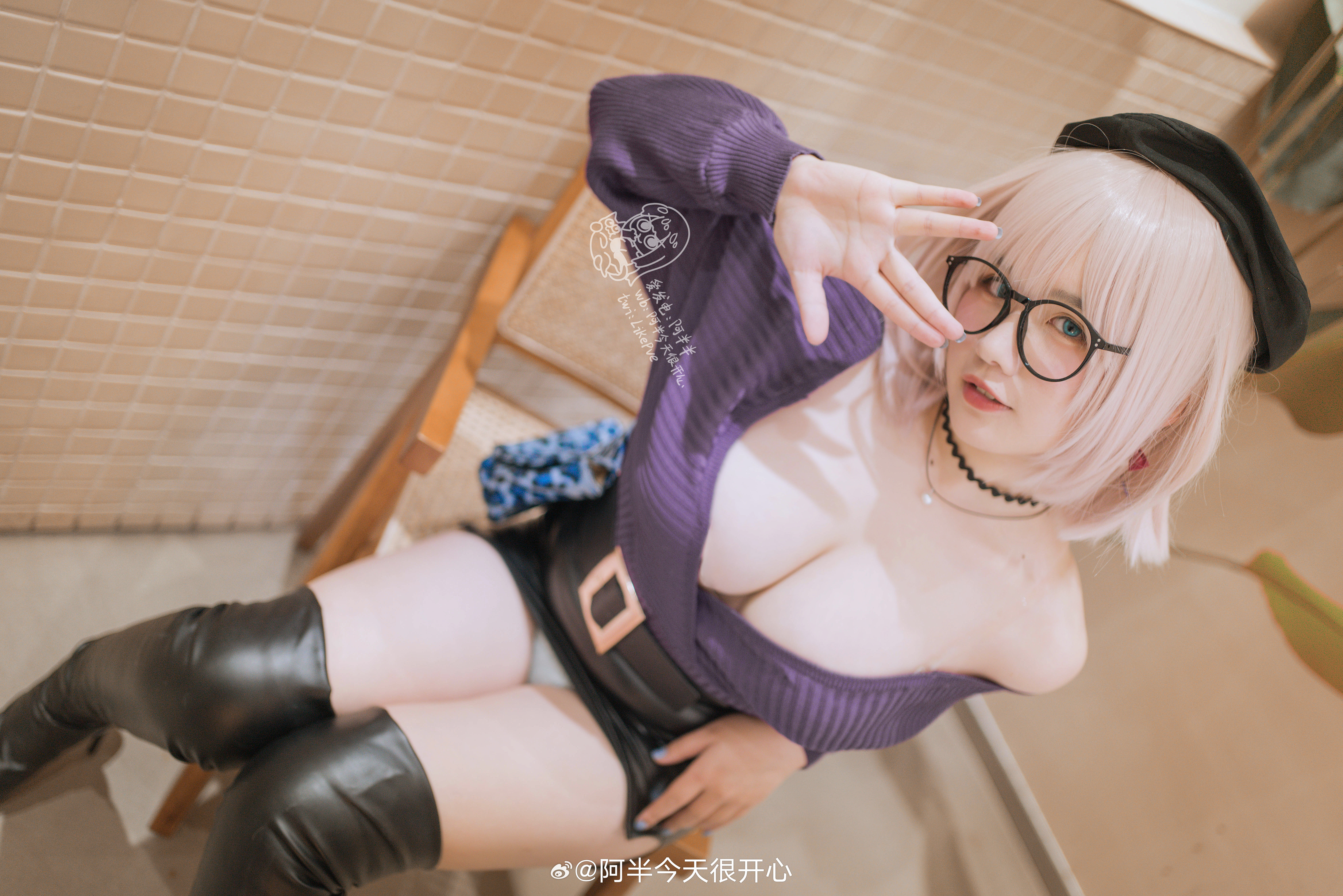 People 7952x5304 cosplay women Asian model cleavage Likepve SSSS.Dynazenon thighs Minami Yume big boobs watermarked choker glasses women with glasses one bare shoulder necklace depth of field fingers looking at viewer sitting panties anime girls anime parted lips boobs