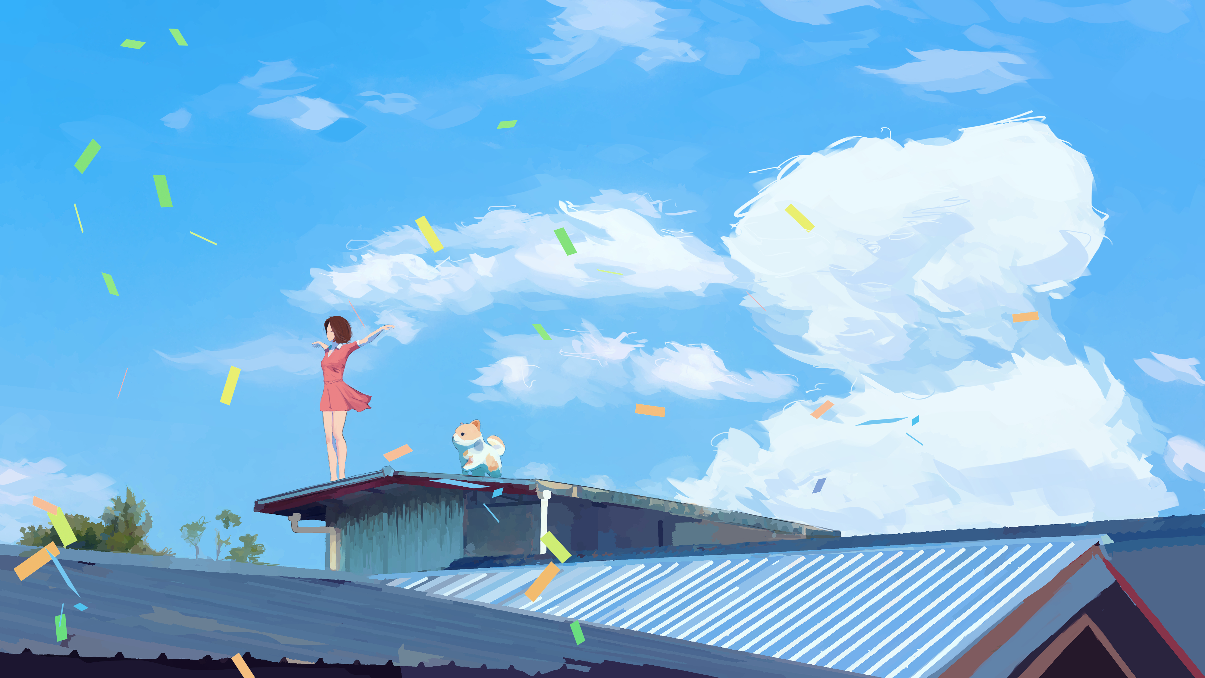 Anime 4000x2250 anime anime girls artwork digital art clouds sky house painting dog ribbon skirt Shiba Inu