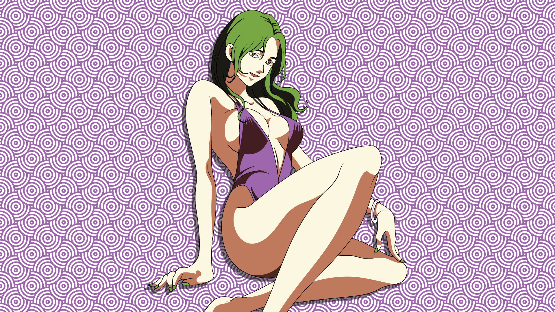 Anime 1920x1080 Ann (Linda Cube) Linda Cube one-piece swimsuit sitting green hair smiling looking at viewer video games video game characters video game girls vector Vector trace