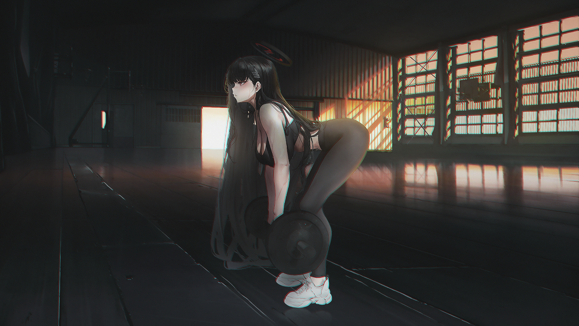 Anime 1920x1080 big boobs gym equipment Tsukatsuki Rio anime anime girls Blue Archive hanging boobs long hair black hair red eyes looking away squatting cleavage parted lips hair clip sports bra pantyhose standing