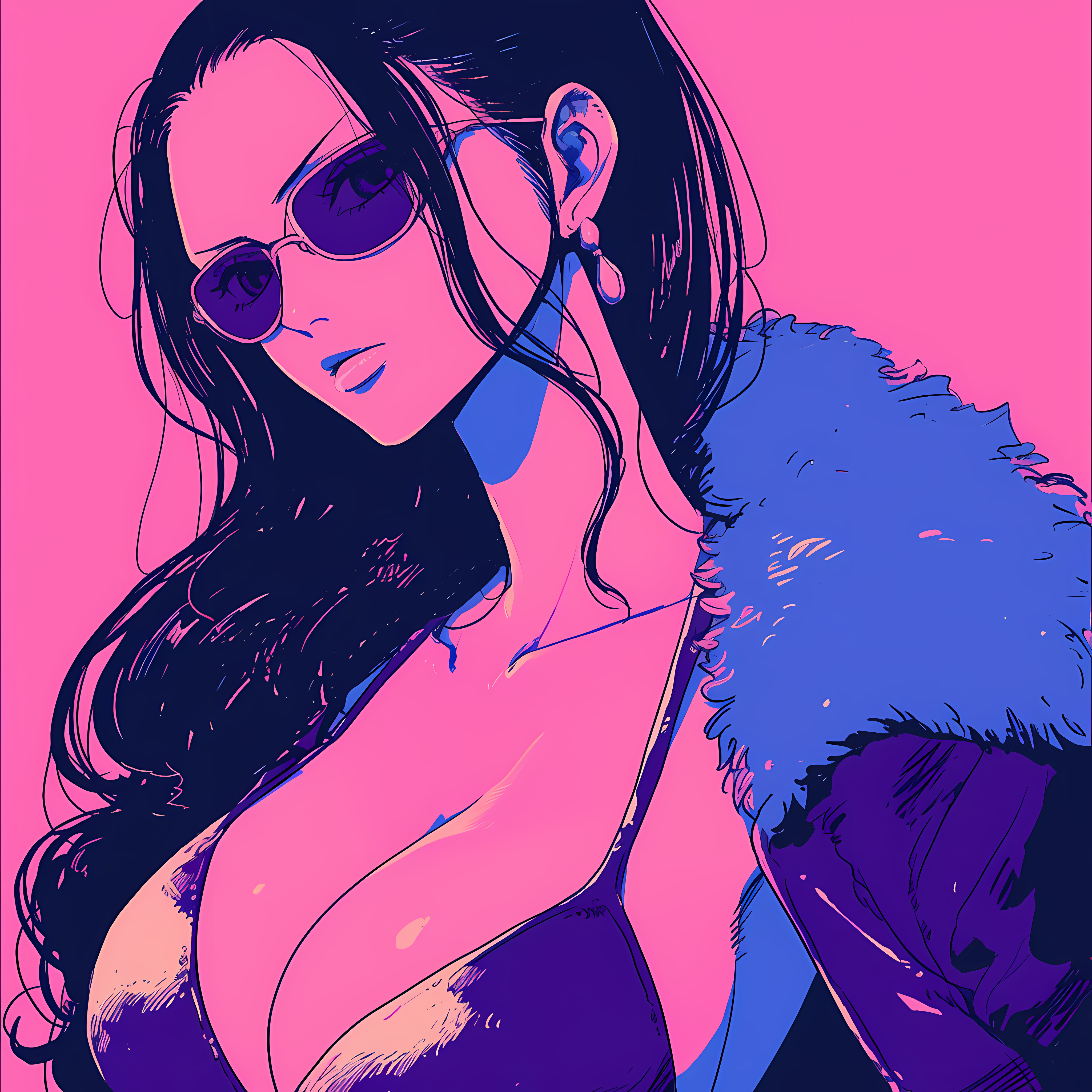 Anime 4096x4096 pink violet (color) Nico Robin AI art pink background glasses simple background earring cleavage One Piece closed mouth sunglasses women with shades jacket big boobs collarbone looking at viewer head tilt long hair bikini top black hair anime girls