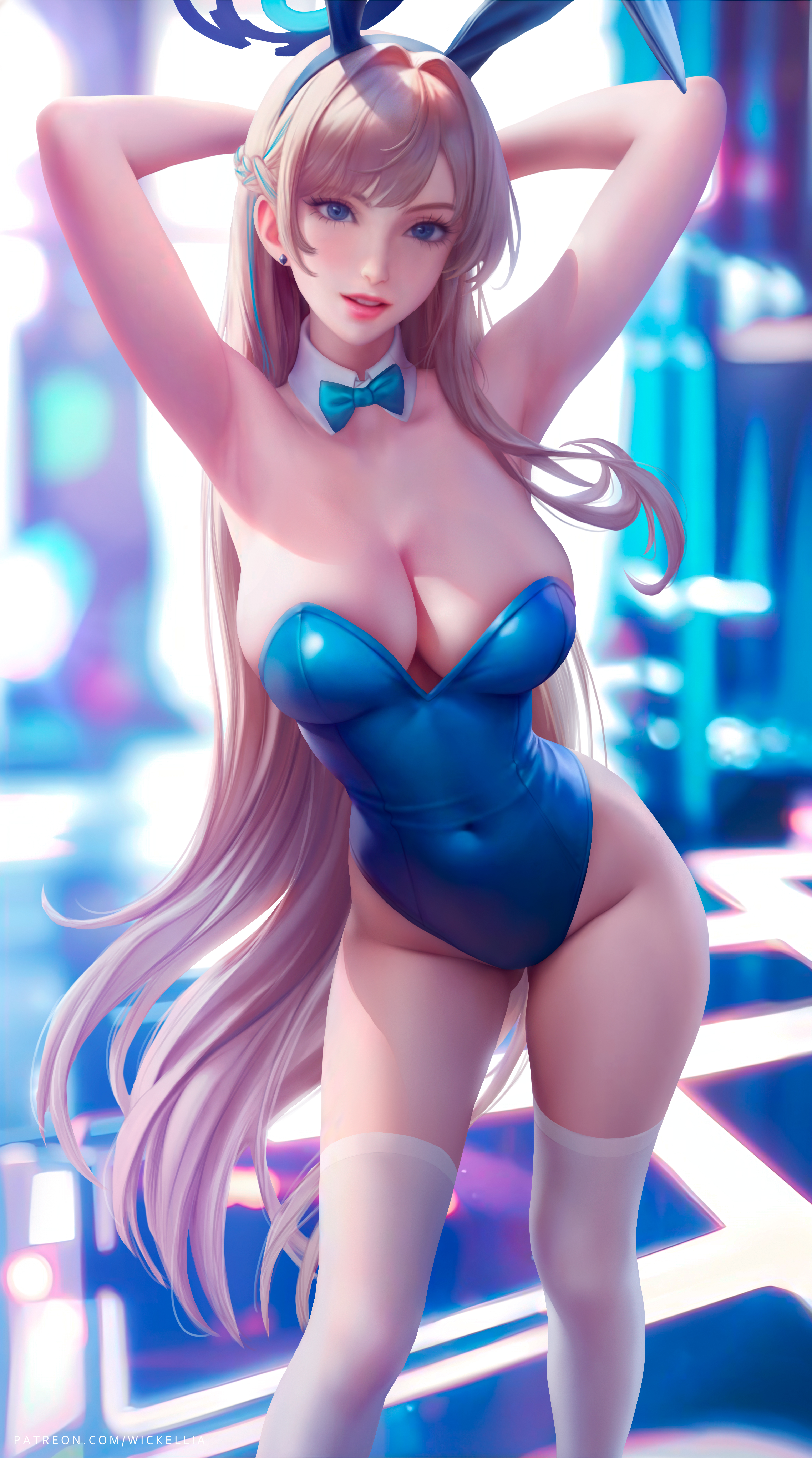 Anime 3900x7000 Asuma Toki (Blue Archive) Blue Archive video games video game girls anime artwork anime girls bunny girl fan art drawing Wickellia arm(s) behind head leotard looking at viewer standing portrait display boobs white stockings stockings collarbone parted lips two tone hair blue eyes blurry background thighs long hair bunny ears hips skinny lights watermarked bow tie