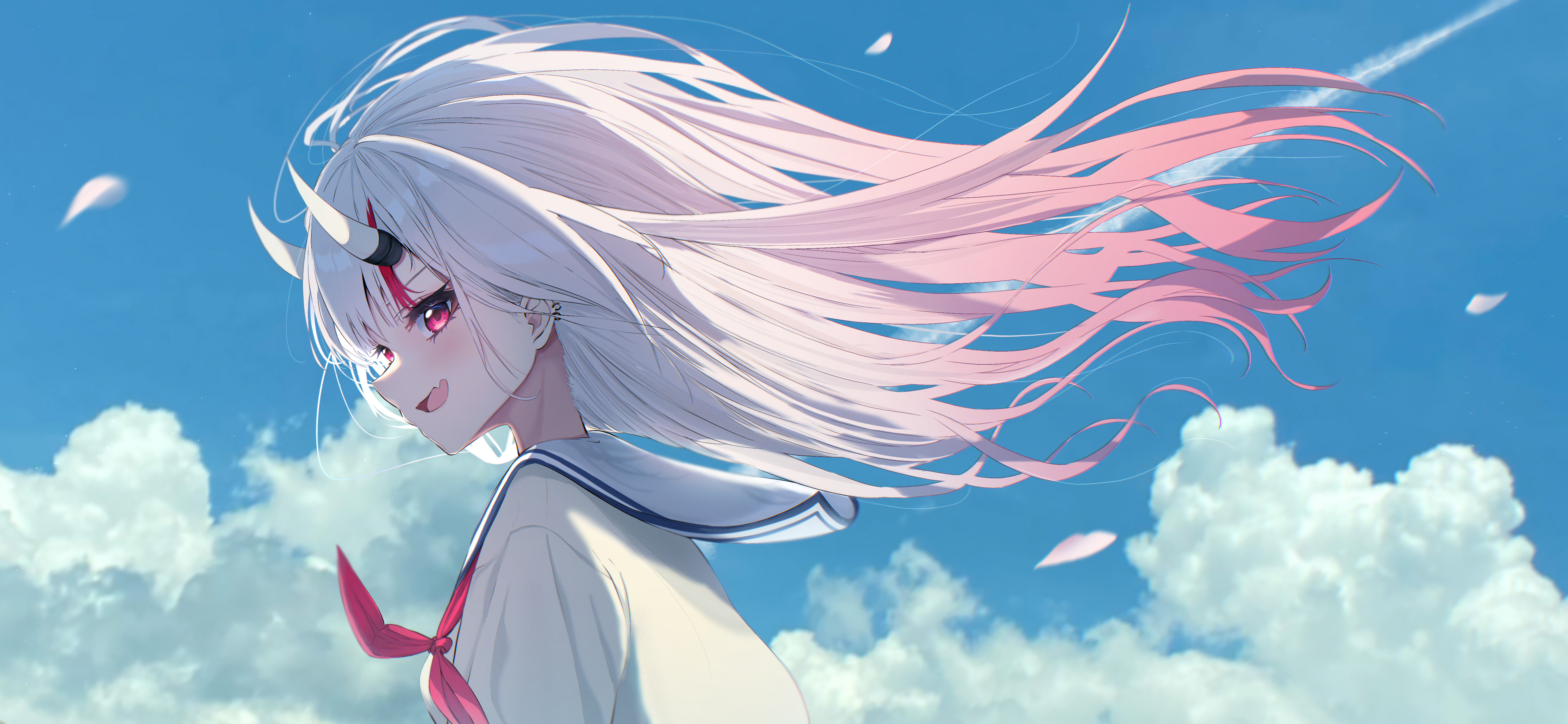 Anime 5376x2484 anime anime girls Hololive Nakiri Ayame demon clouds devil girl long hair white hair sky
