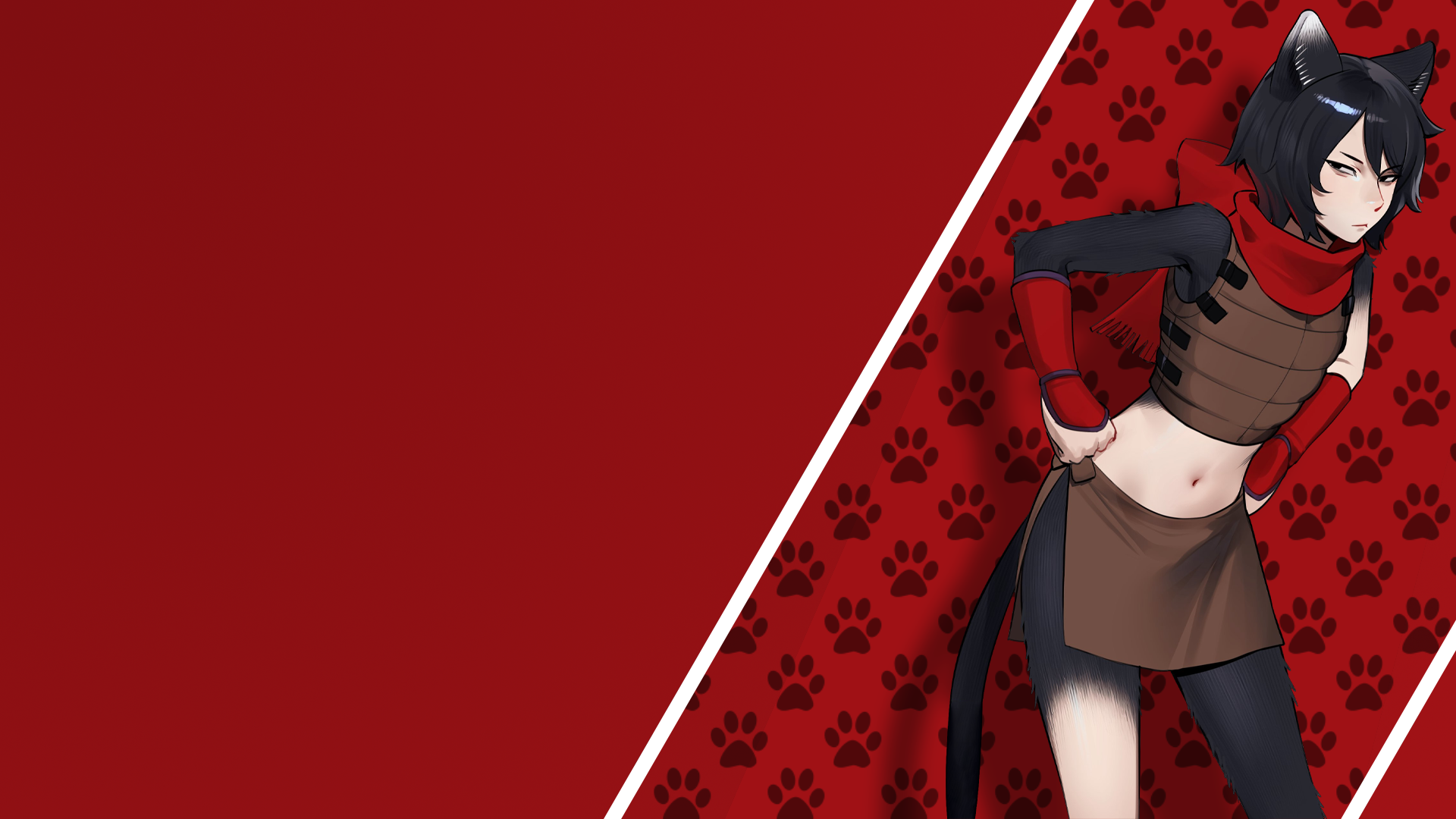 Anime 1920x1080 LaveLis Delicious in Dungeon Izutsumi (Delicious in Dungeon) black hair cat girl cat ears leather armor skirt scarf monster girl belly button tail red background bare shoulders anime girls fingerless gloves hands on hips