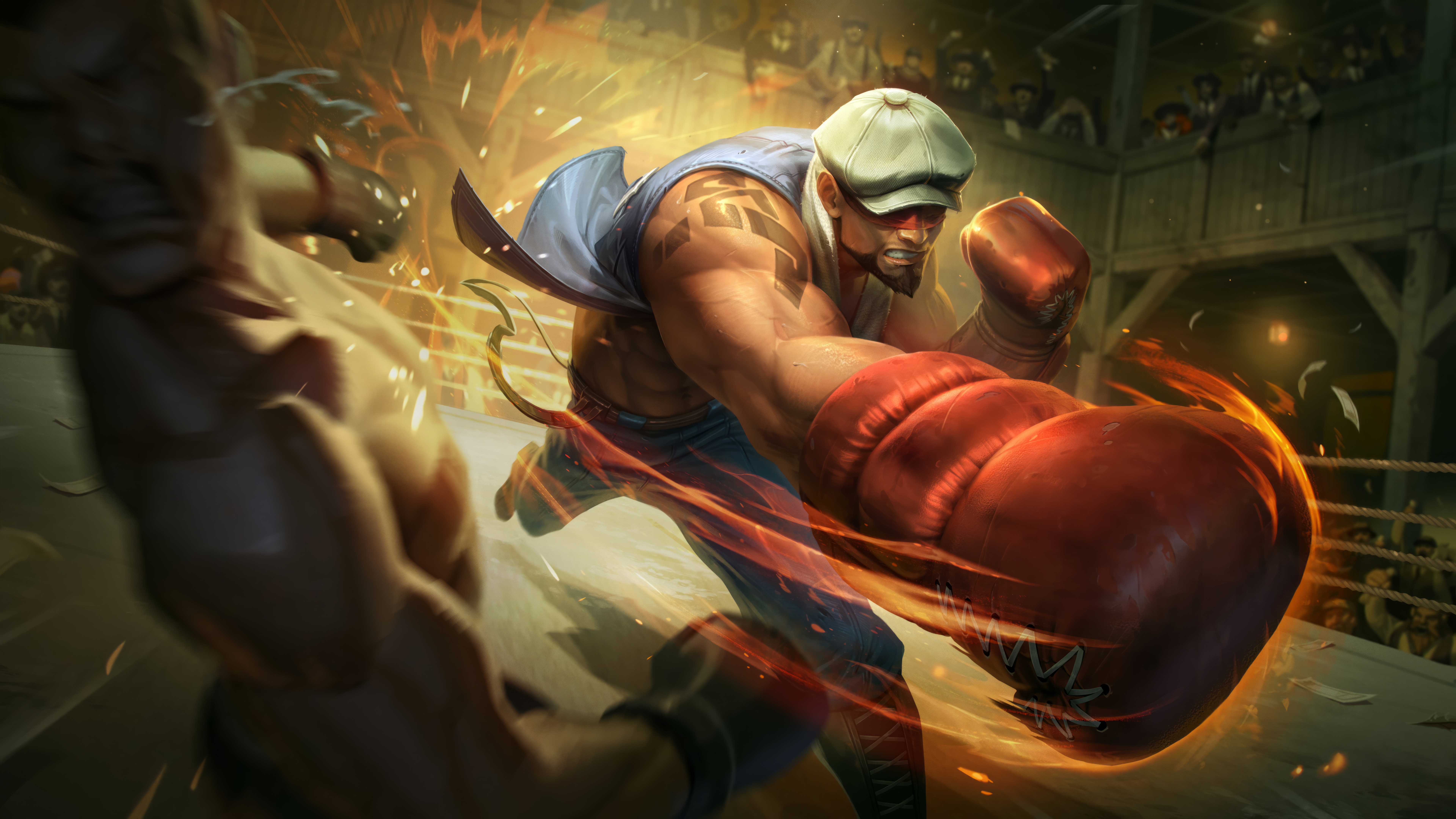 General 7680x4320 Lee Sin (League of Legends) video games GZG Riot Games digital art League of Legends teeth video game characters 4K video game art muscles video game men fighting boxing gloves eyes hidden hat men with hats boxing ring beard crowds abs attack