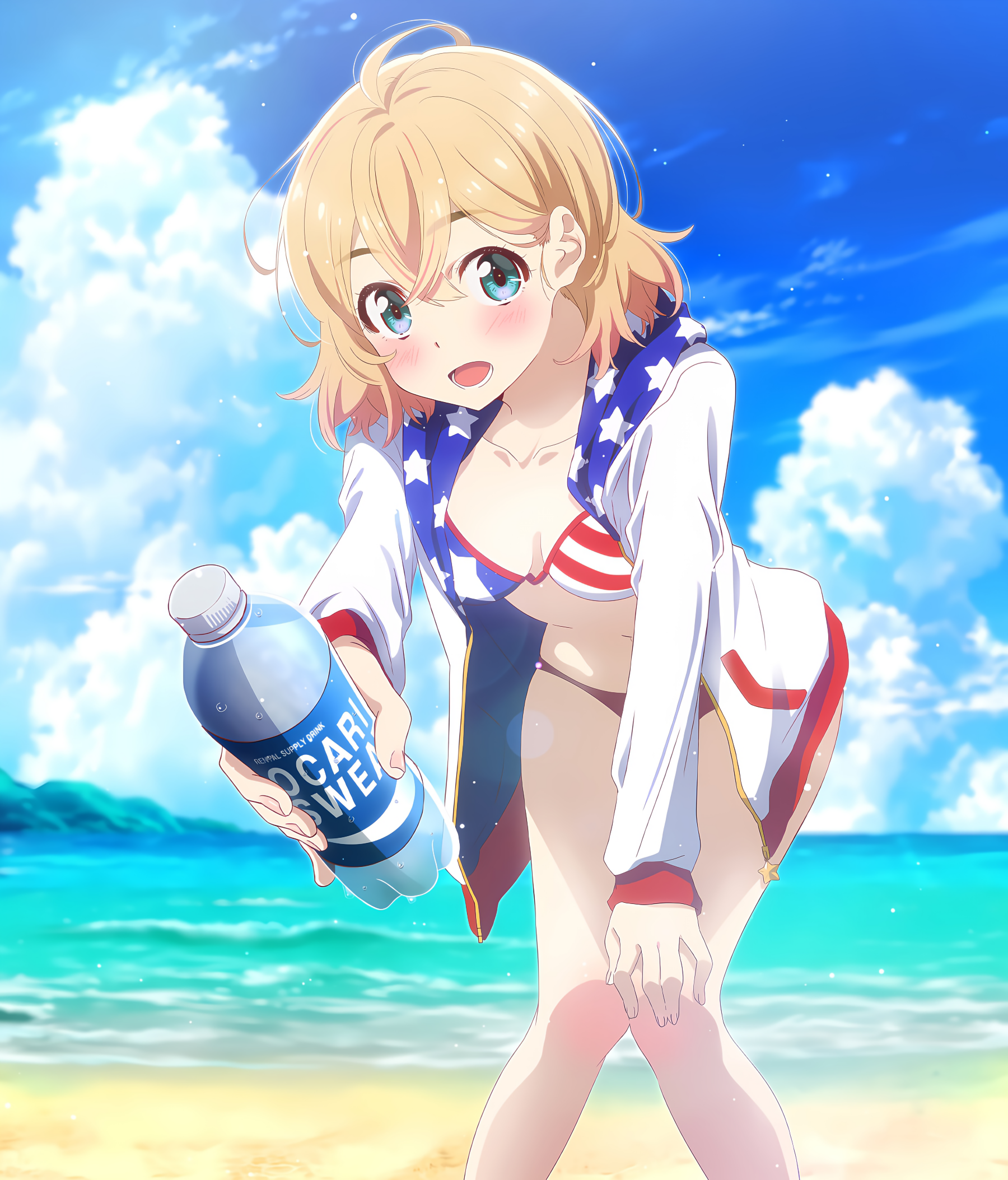 Anime 1800x2107 anime anime girls Kanojo, Okarishimasu (Rent-a-Girlfriend) Mami Nanami swimwear blonde looking at viewer beach clouds thighs blushing