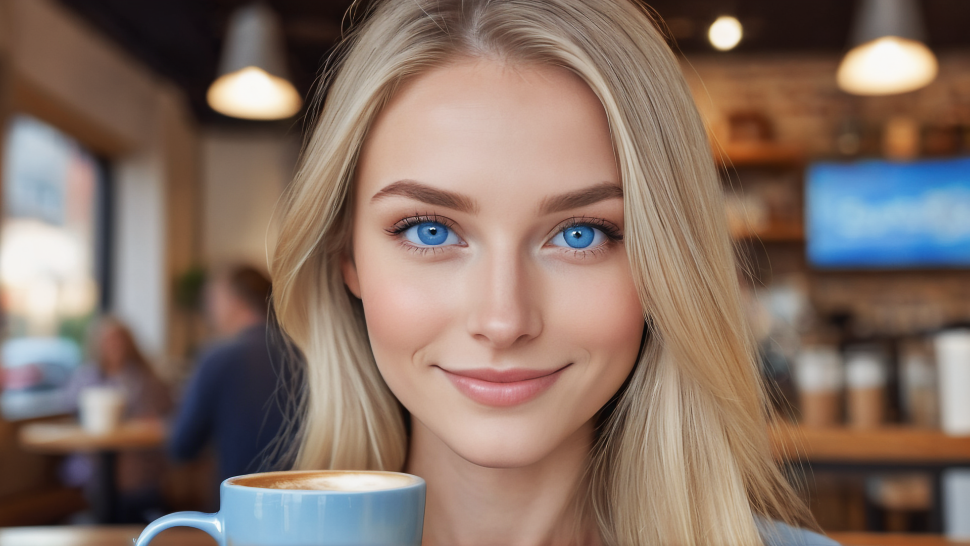 General 1920x1080 AI art women blue eyes blonde coffee blurry background closed mouth smiling long hair cup drink looking at viewer face coffee house
